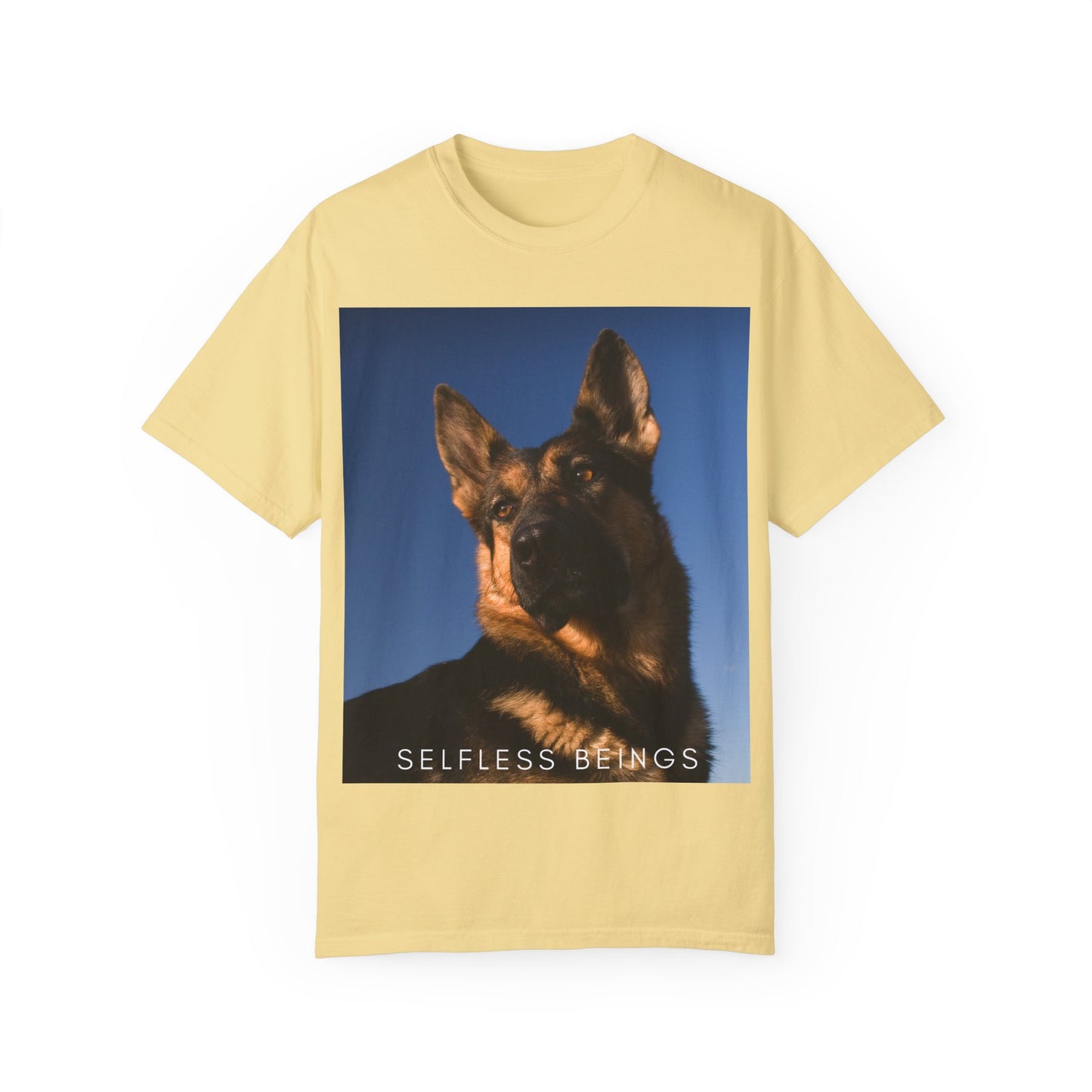 Unisex Dog Lover T-shirt With Close Up Portrait of Giant German Shepherd Turning His Head and Caption Selfless Beings