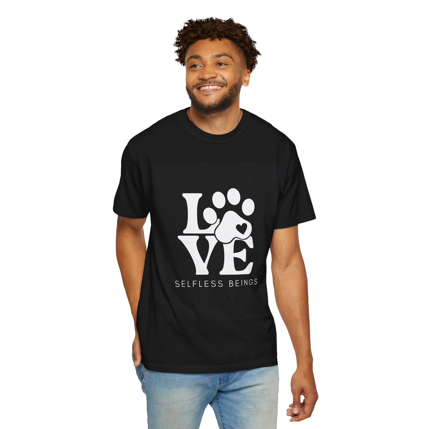 Unisex Dog Lover T-Shirt With Graphic of Love Dog-Paw and Caption Selfless Beings
