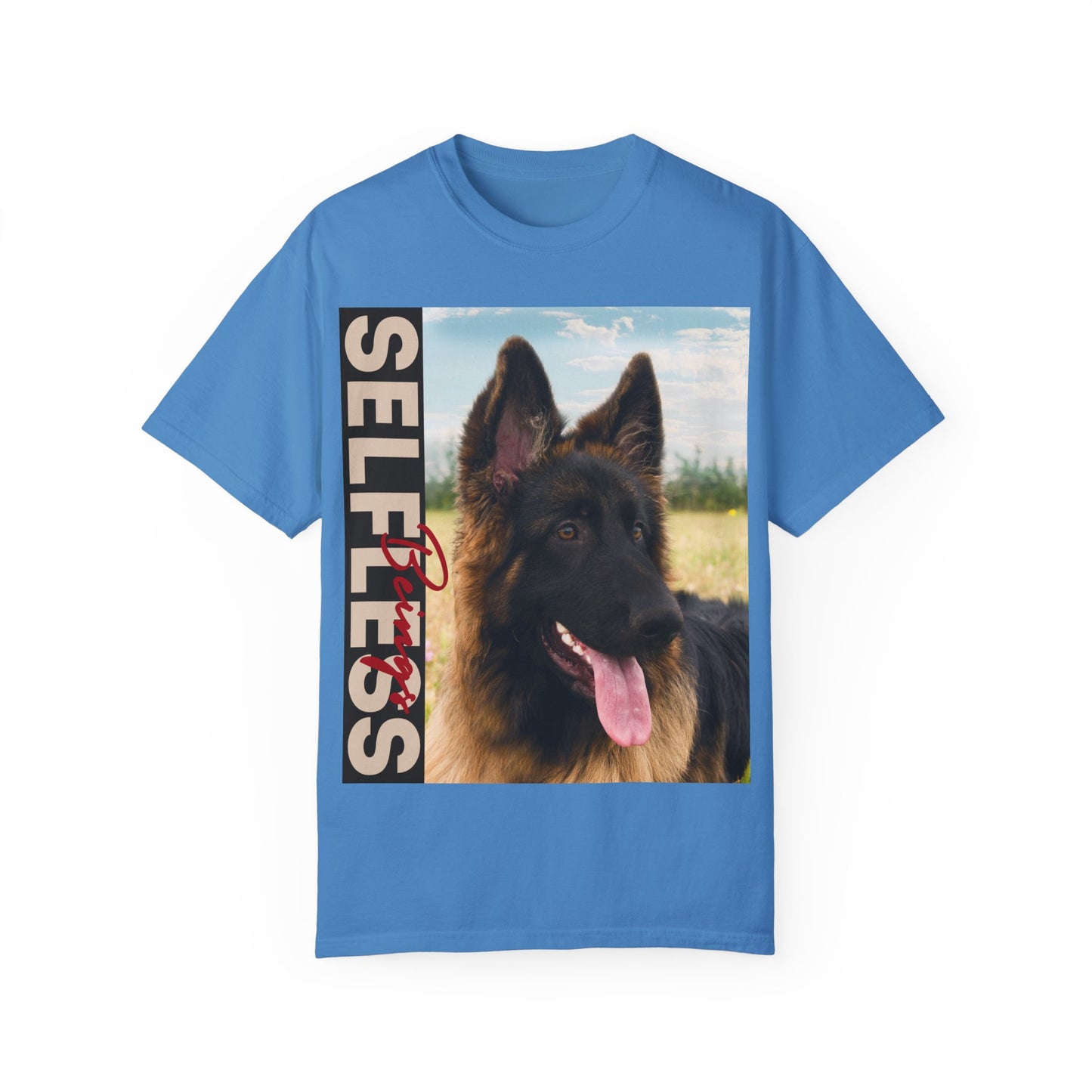 Unisex Dog Lover T-Shirt With Young Long Coat German Shepherd Looking Sideways Leaving Tongue Out and Caption Selfless Beings Written With Beige Red