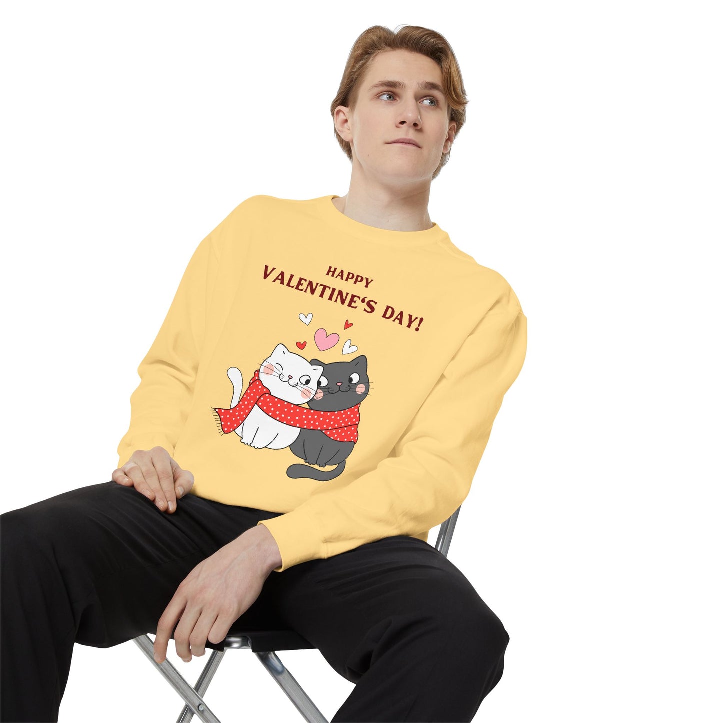 Unisex Valentine's Day Sweatshirt With Black and Grey Cat Couple and Caption Happy Valentine's Day