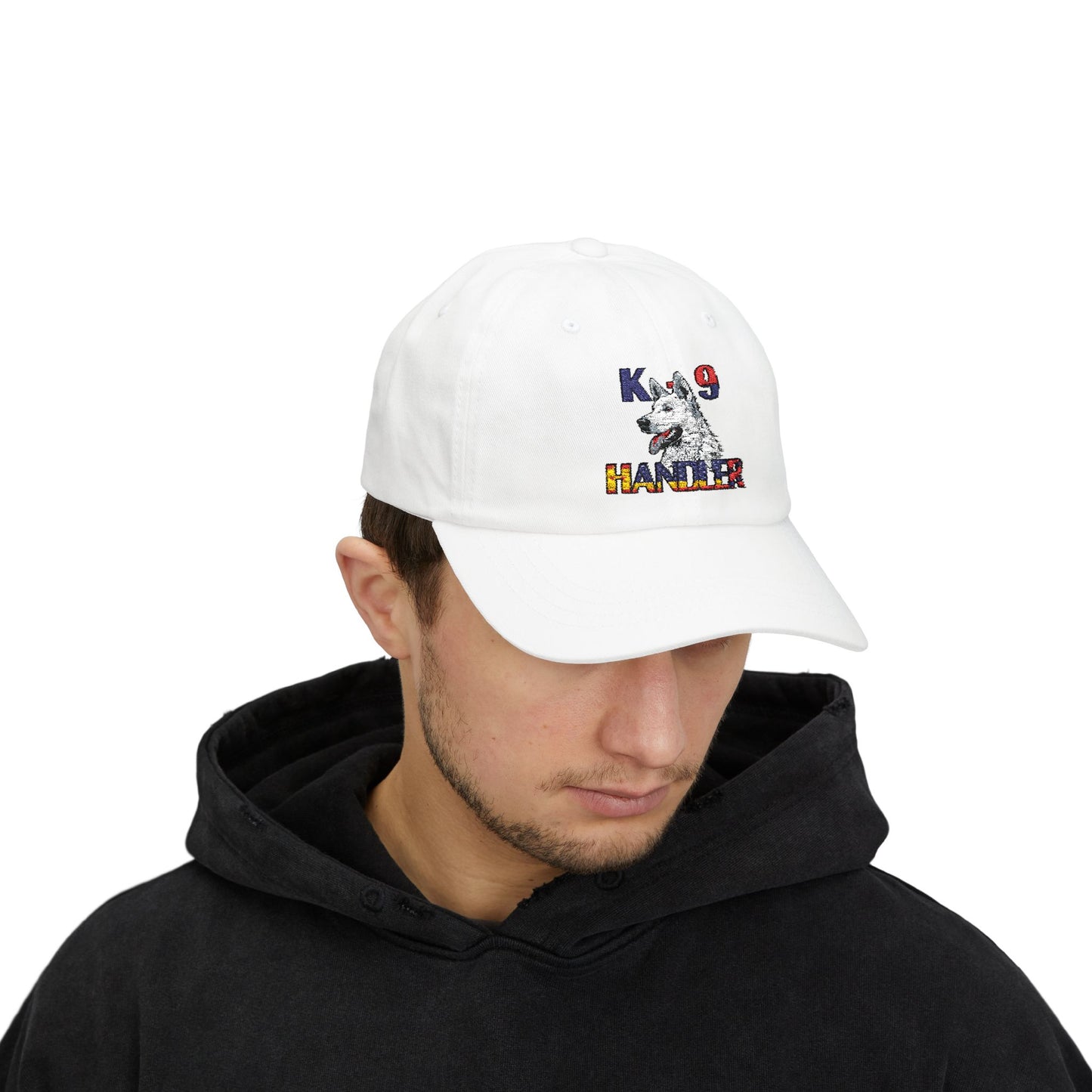 Embroidered Police Themed K9 Handler Classic Dad Cap Featuring a White German Shepherd