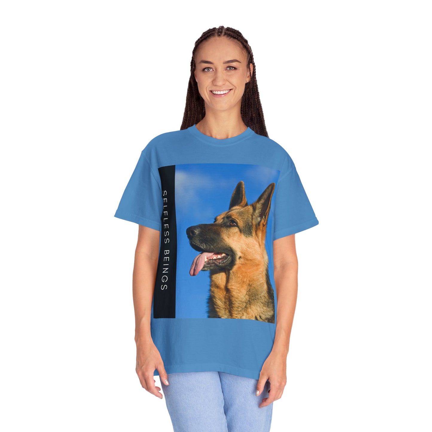 Unisex Dog Lover T-Shirt With Close Up of German Shepherd, Blue Sky in Background and Caption Selfless Beings