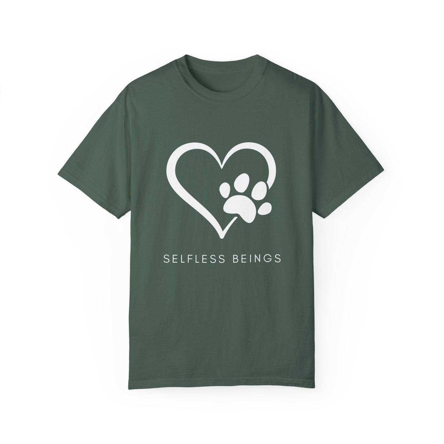 Unisex Dog Lover T-Shirt With Graphic of Heart Whose Right Side Contains Dog Paw's Print and Caption Selfless Beings