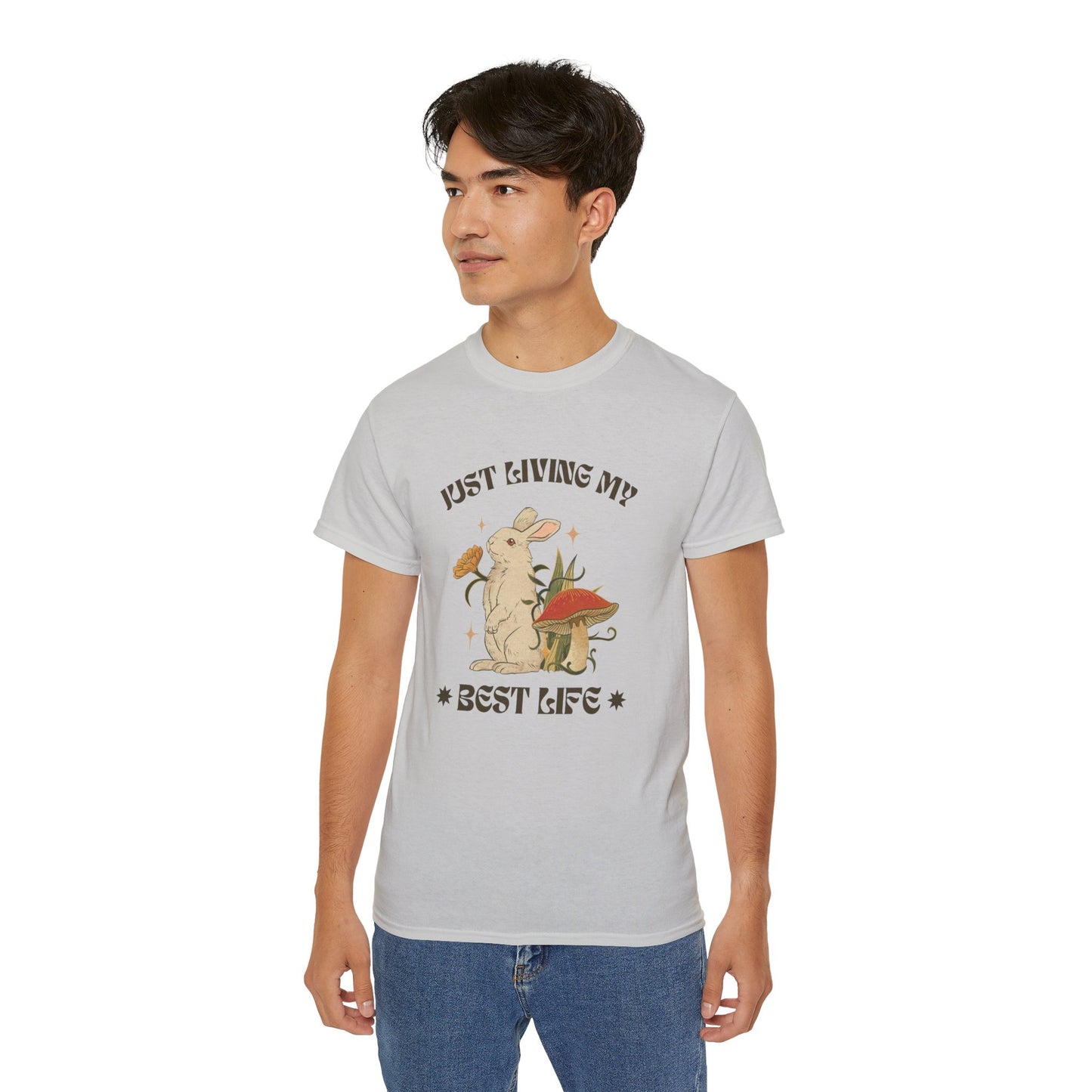 Unisex Ultra Cotton Tee - Just Living My Best Life Bunny Design, Cute Rabbit Shirt, Gift for Animal Lovers, Spring Fashion