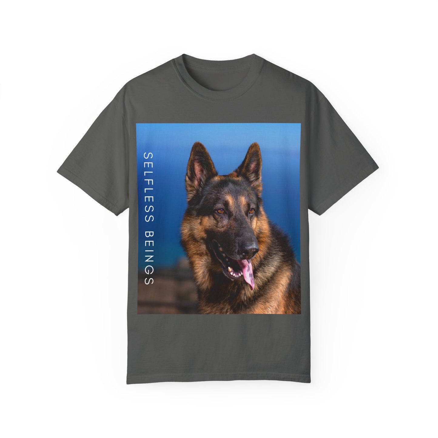 Unisex Dog Lover T-Shirt With Close Up of German Shepherd, Blue Sea in the Background and Caption Selfless Beings