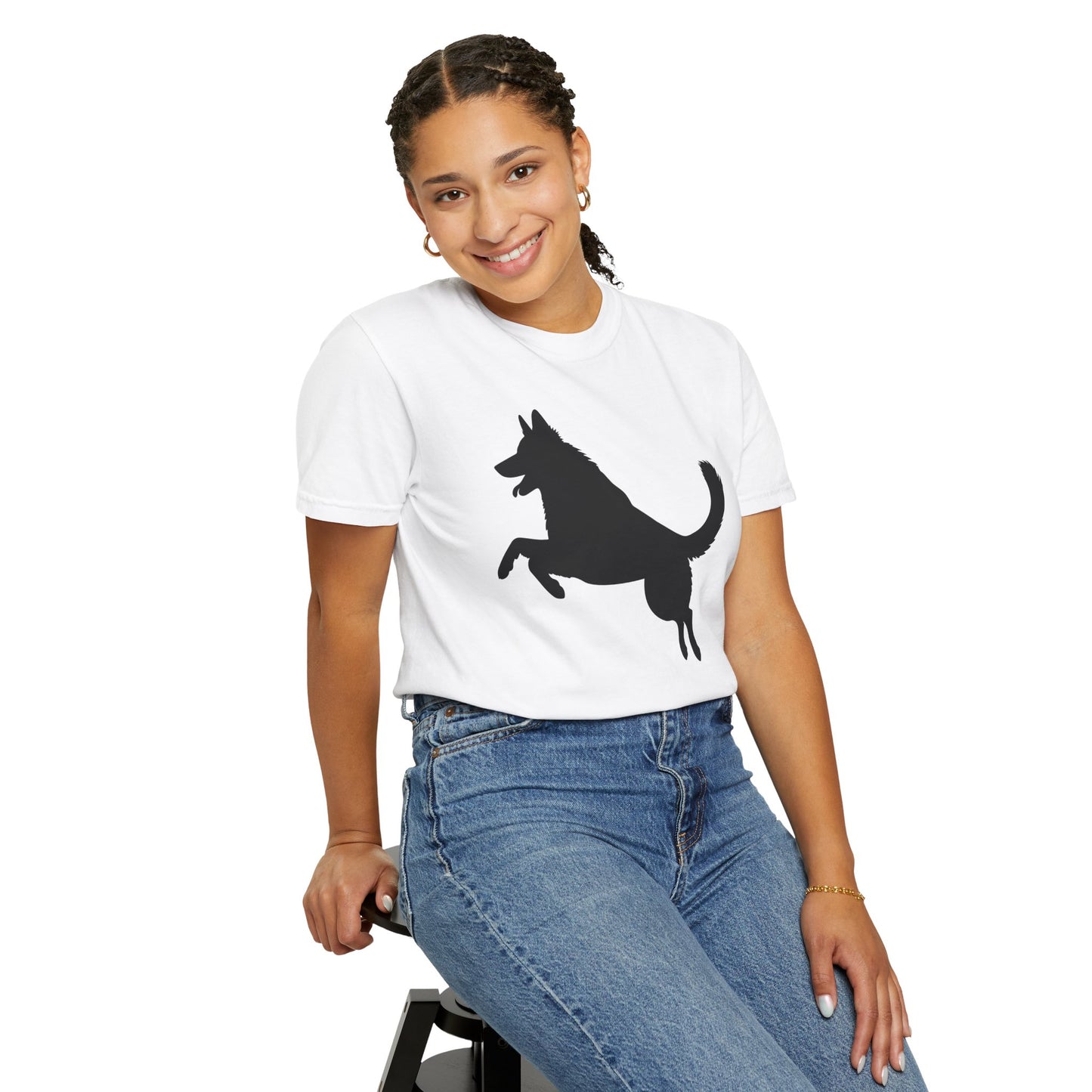 Unisex Dog Lover T-Shirt With a Graphic of Solid Black German Shepherd Jumping in the Air