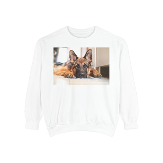 Unisex Dog Lover Sweatshirt With a German Shepherd Lying His Head on the Floor