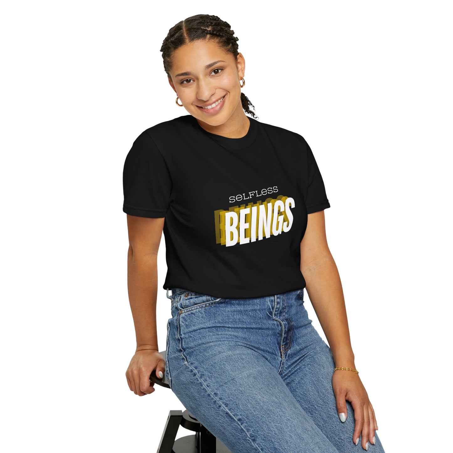 Unisex Dog Lover T-Shirt With Text "Selfless Beings" Designed Using Dark Yellow, Light Yellow and White Colors