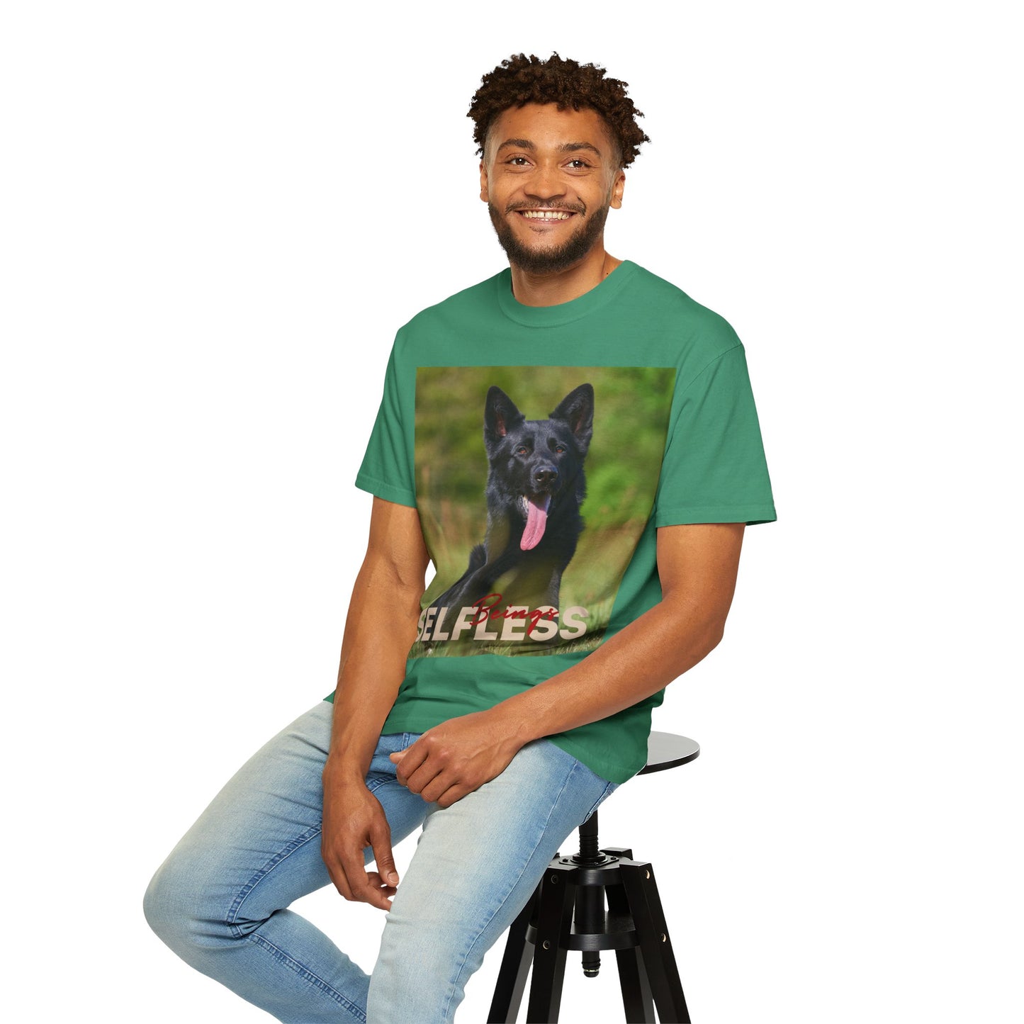 Unisex Dog Lover T-Shirt With Black German Shepherd Resting on the Grass Leaving Tongue Out and Caption Selfless Beings