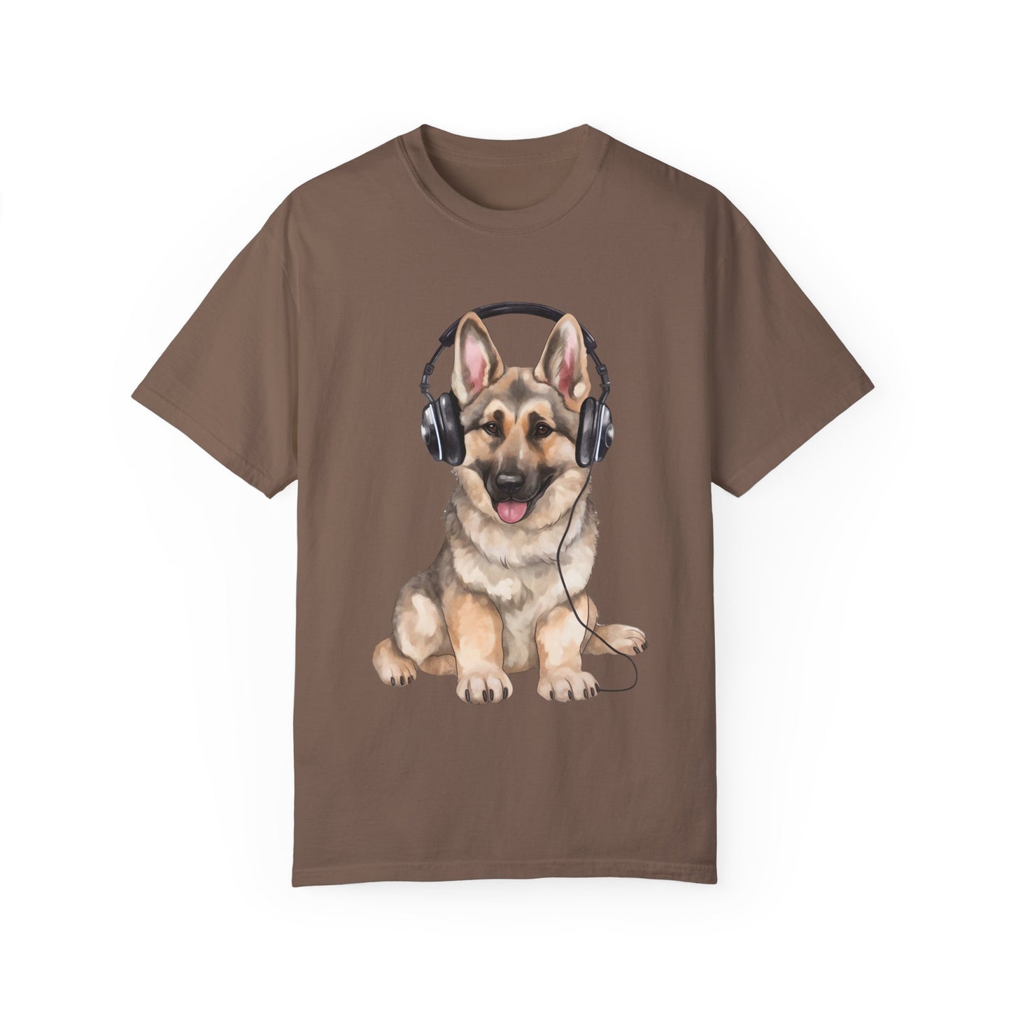 Unisex Dog Lover T-Shirt With a Graphic of German Shepherd Wearing Headphones Enjoying Music
