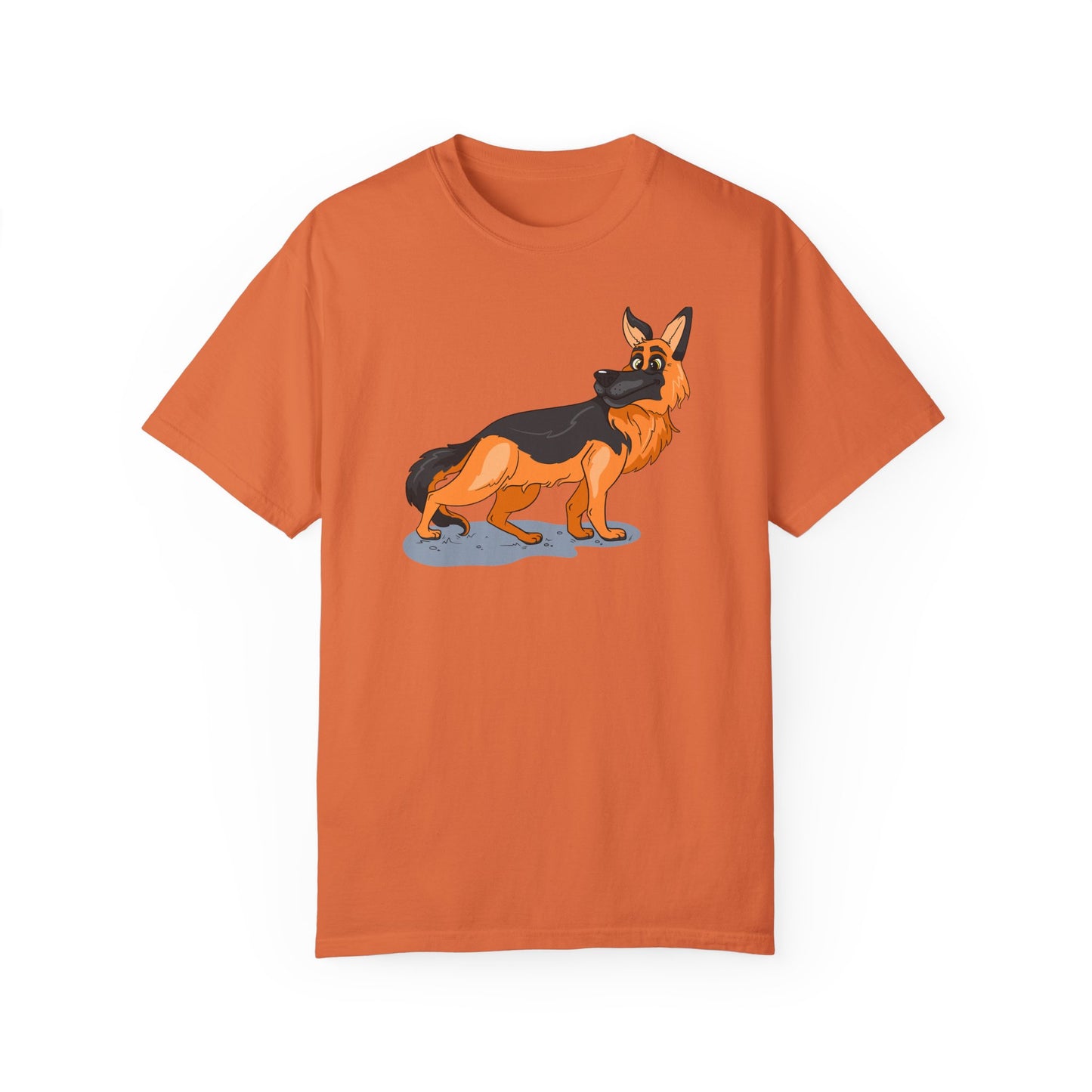 Unisex Dog Lover T-Shirt With a Cartoon of Astonished German Shepherd Turning His Head