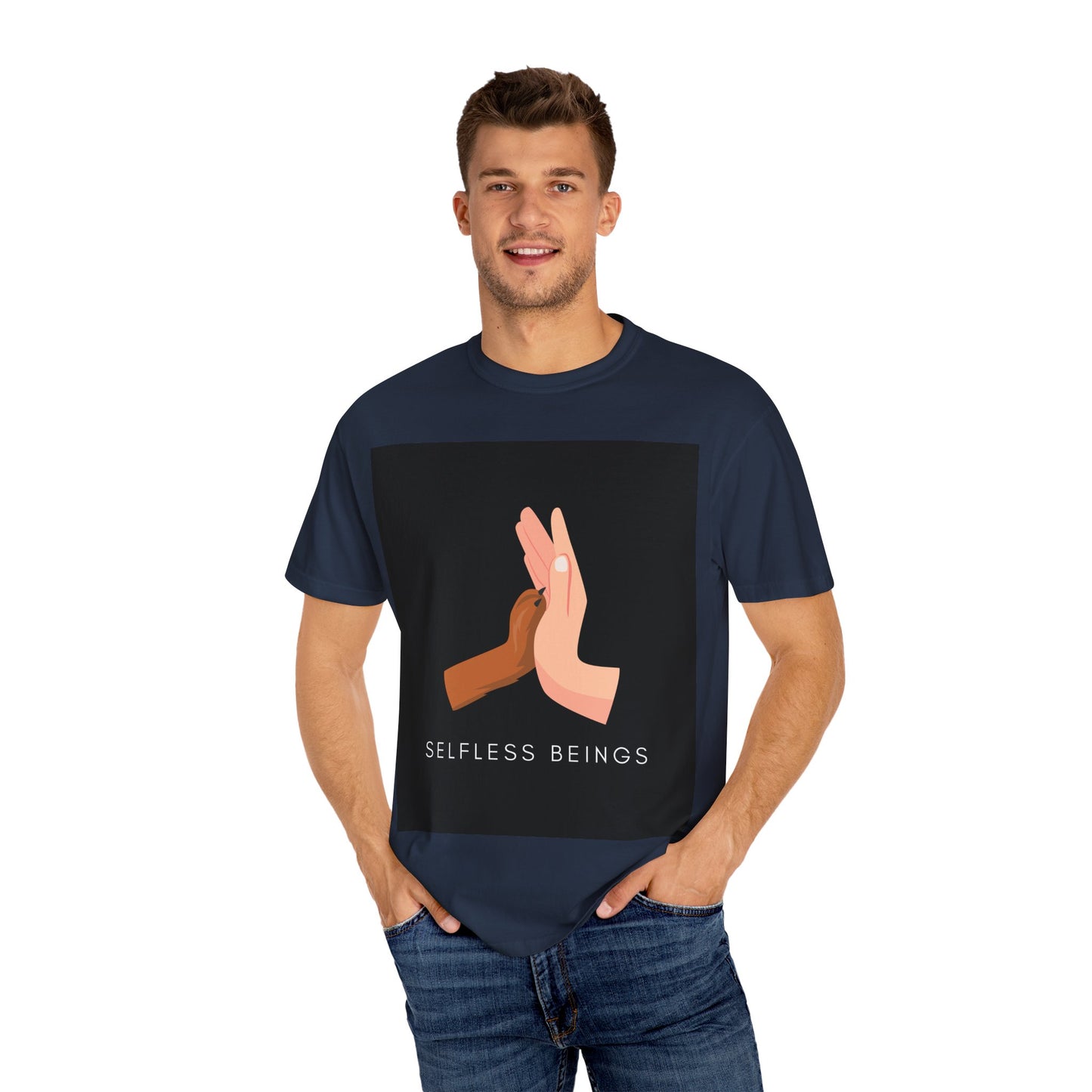 Unisex Dog Lover T-Shirt With Graphic of Human Hand Touching Dog's Paw and Selfless Beings Caption Below