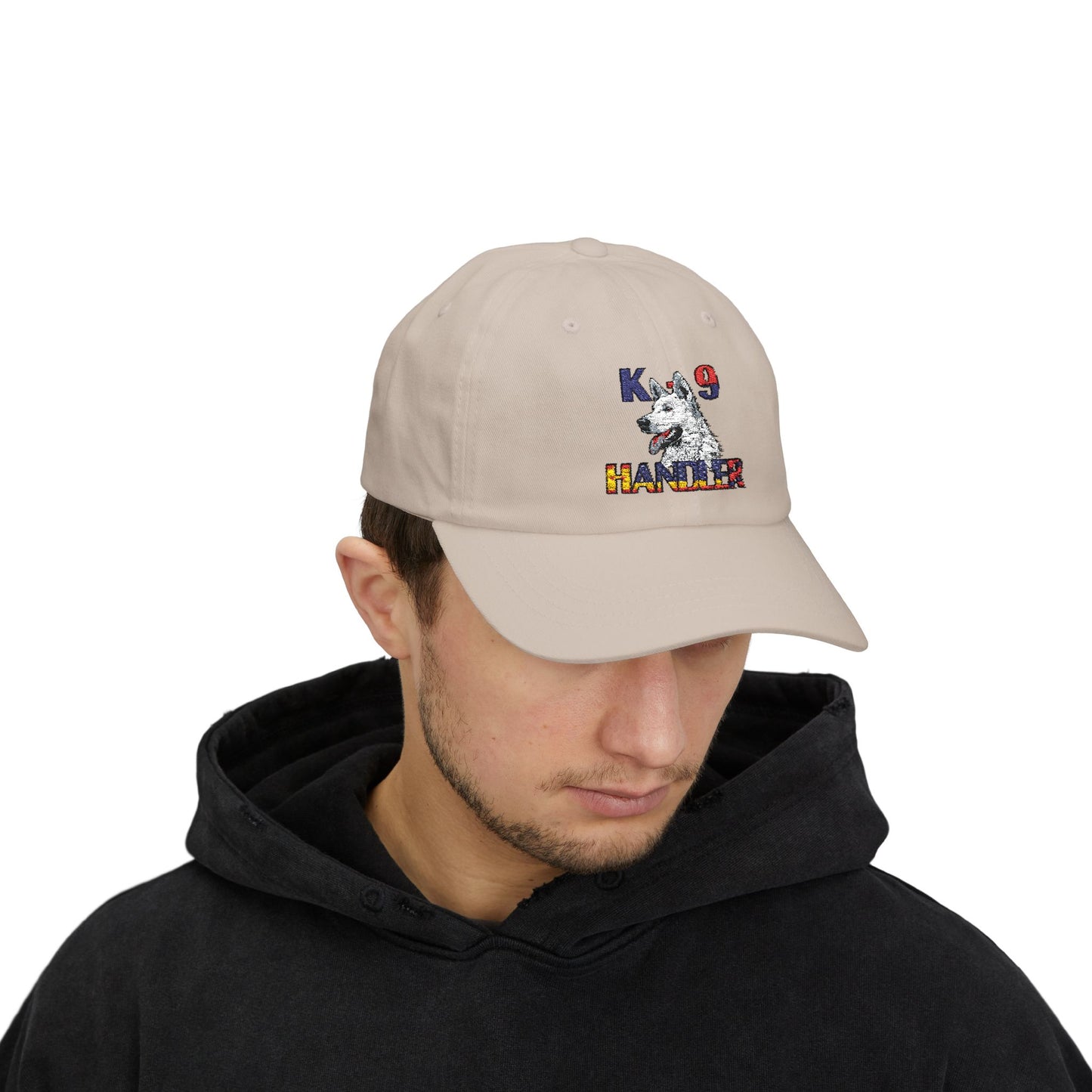Embroidered Police Themed K9 Handler Classic Dad Cap Featuring a White German Shepherd