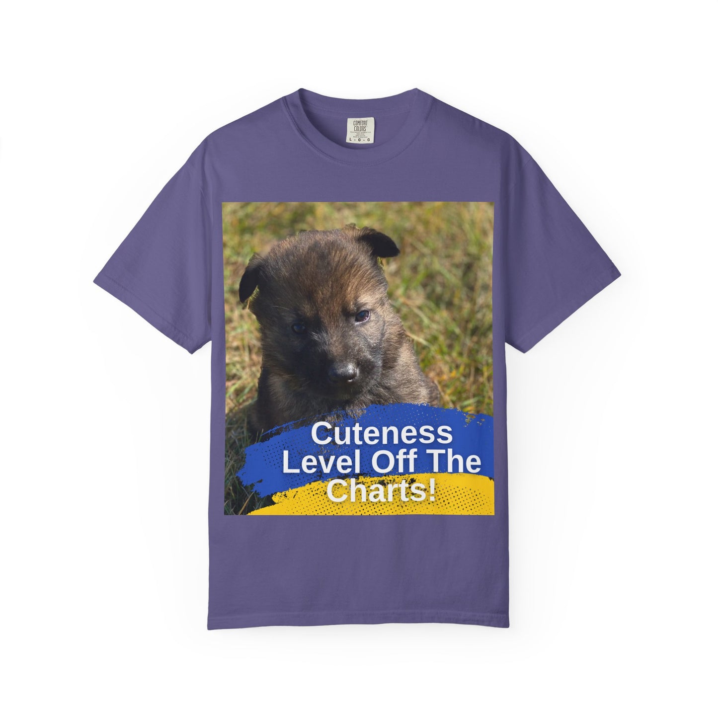 Unisex Dog Lover T-Shirt Featuring a German Shepherd Puppy and Caption Cuteness Level Off The Charts