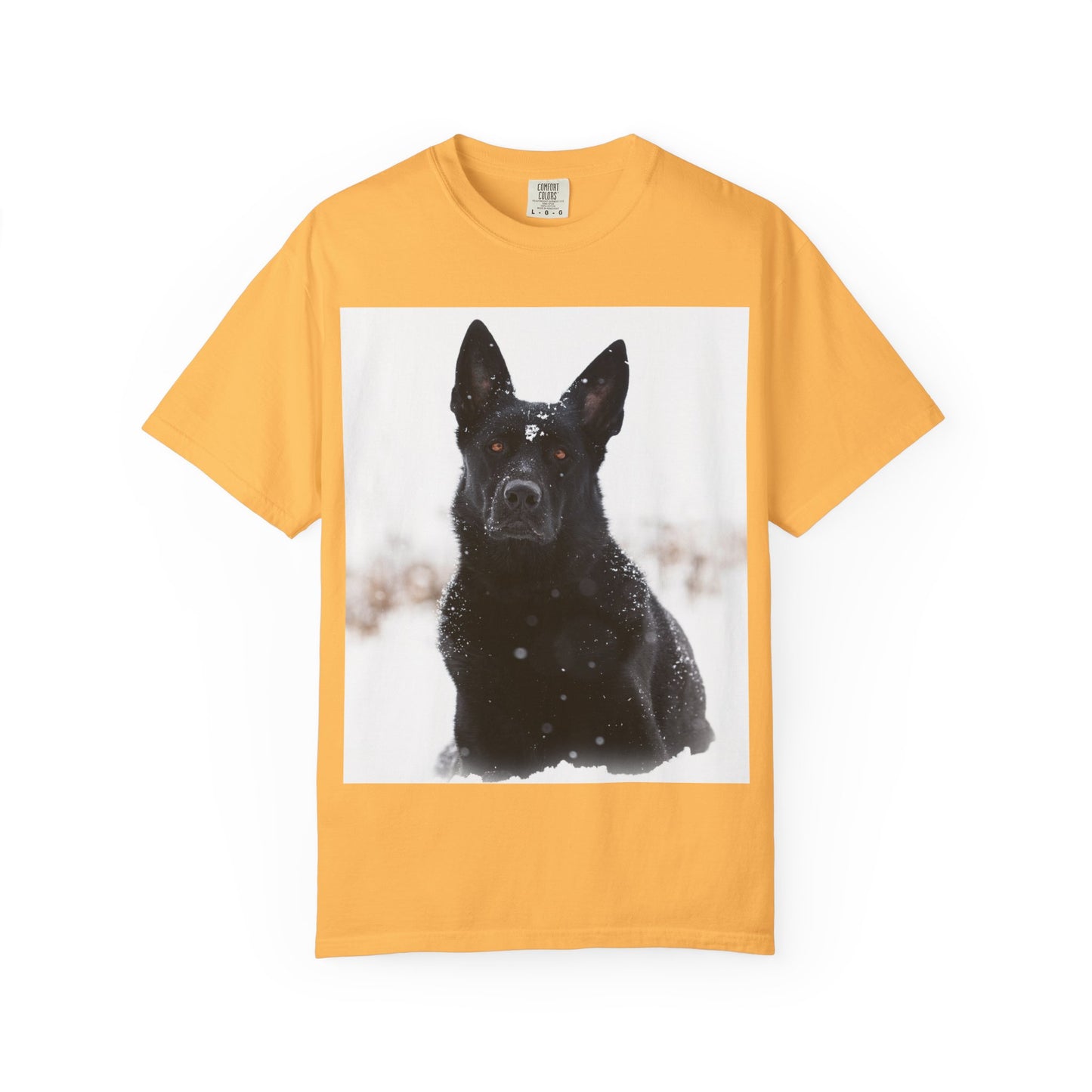 Unisex Dog Lover T-Shirt Featuring a Giant Black Working Line German Shepherd in the Snow