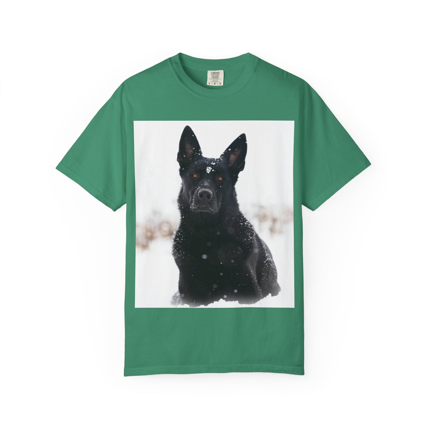 Unisex Dog Lover T-Shirt Featuring a Giant Black Working Line German Shepherd in the Snow