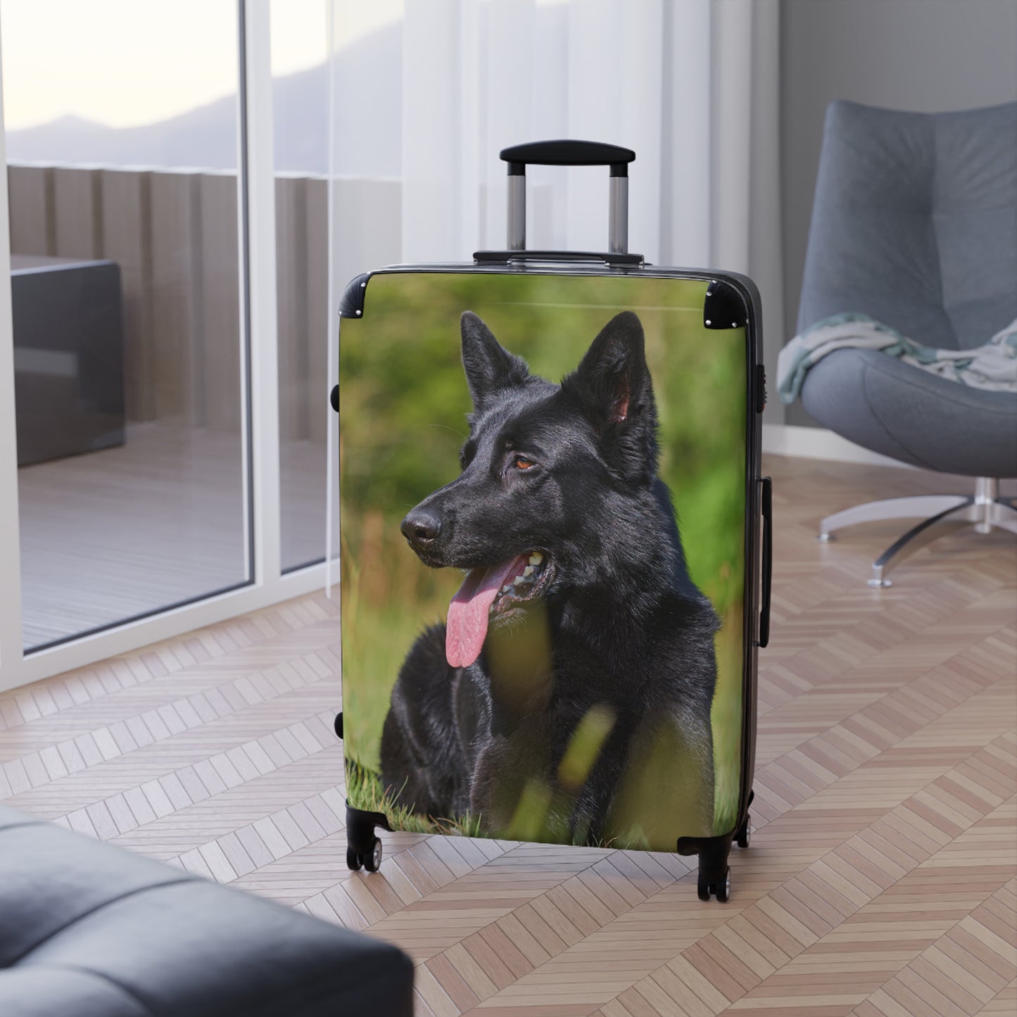 Dog Lovers Suitcase Featuring a Black German Shepherd Resting on Grass Looking Sideways