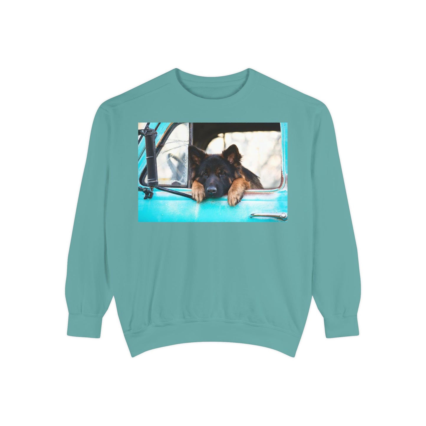 Unisex Dog Lover Sweatshirt With a German Shepherd Puppy Putting His Head and Front Legs On The Truck Seat's Window