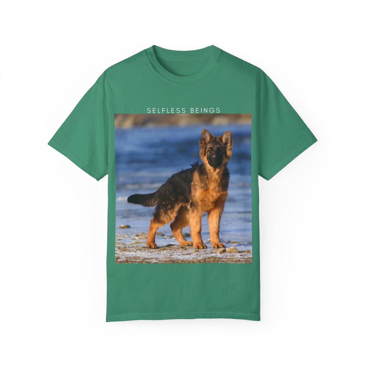 Unisex Dog Lover T-Shirt With German Shepherd Puppy Standing at the Sea Shore and Caption Selfless Beings