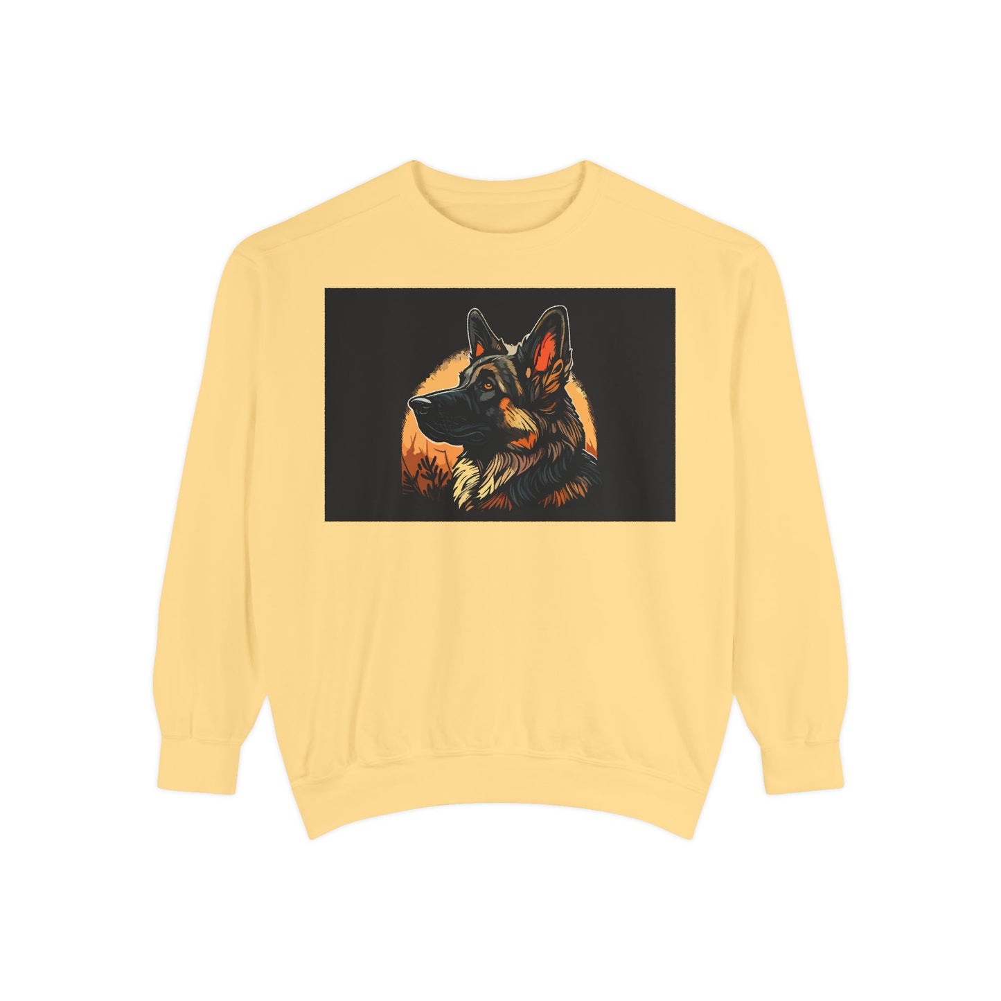 Unisex Dog Lover Sweatshirt With a Close Up Graphic of a German Shepherd In Front of Moon