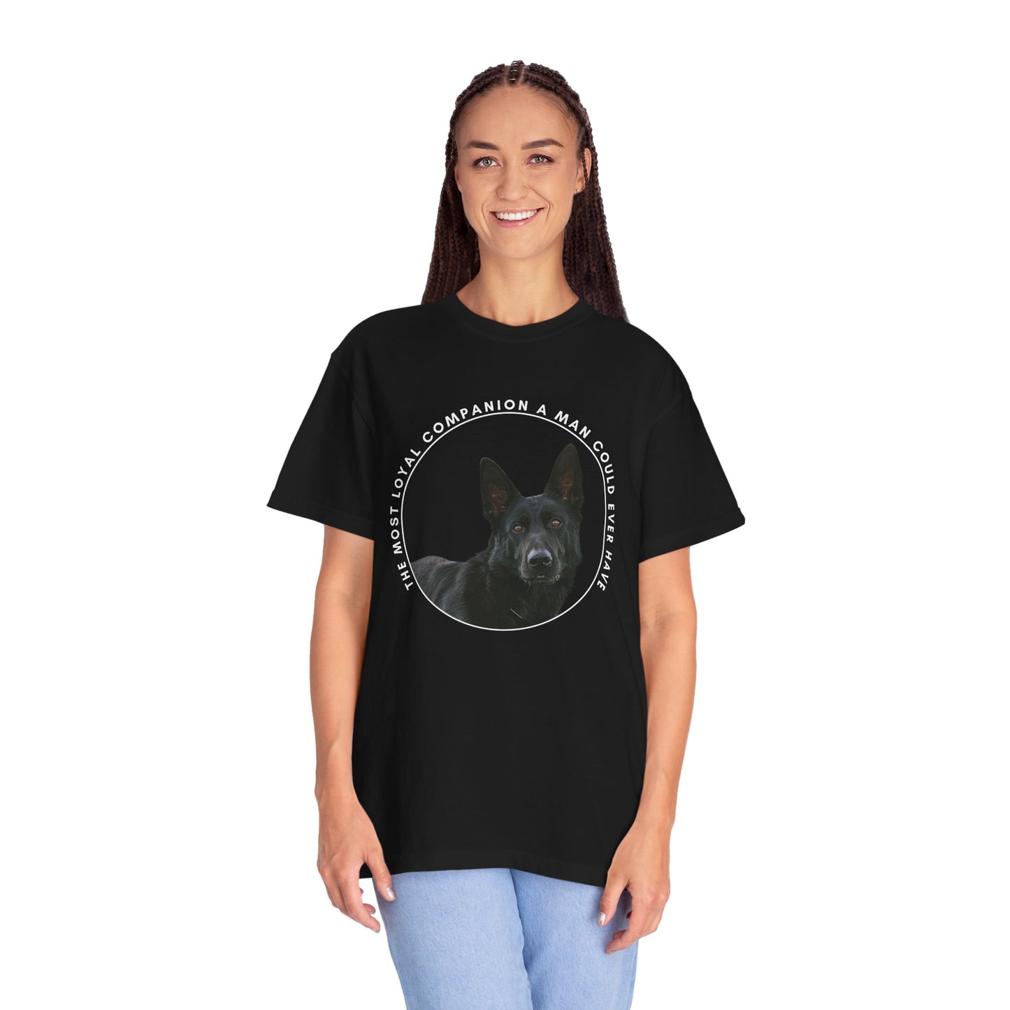 Unisex Dog Lover's T-Shirt With DDR German Shepherd and Quote The Most Loyal Companion a Man Could Ever Have