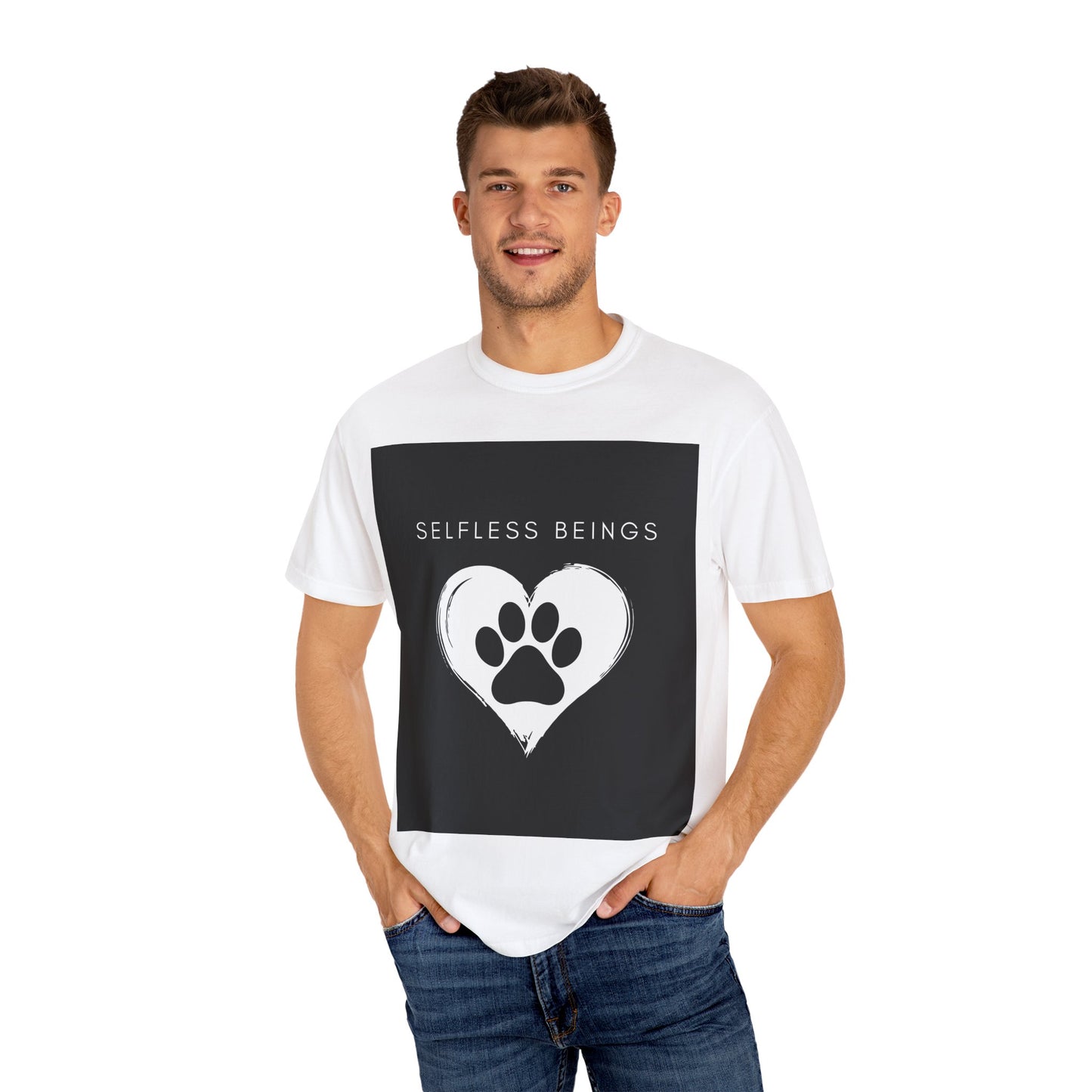 Unisex Dog Lover T-Shirt With Black Paw Print of a Dog Inside a White Heart and Caption Selfless Beings