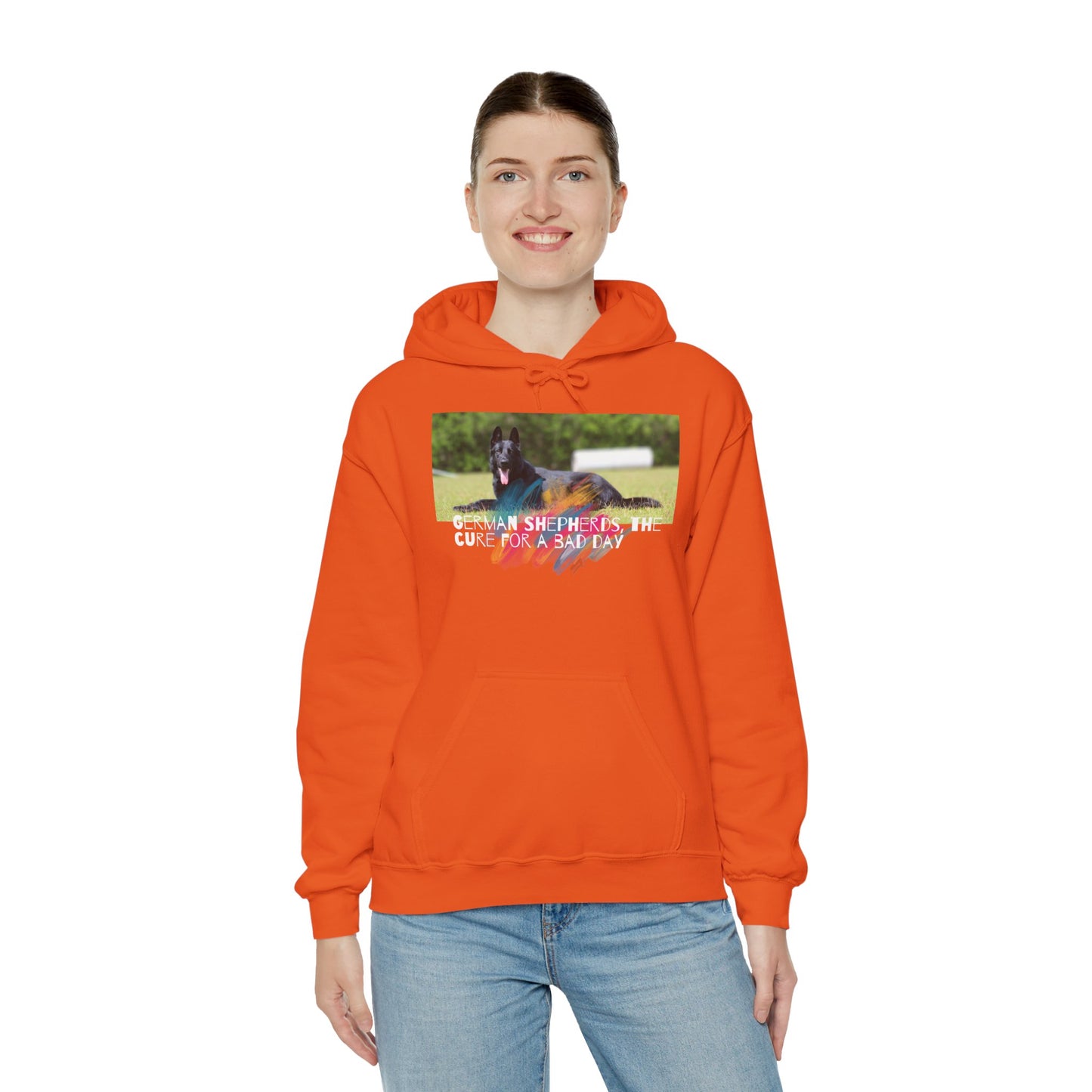 Unisex Dog Lover Hoodie With a Black German Shepherd Leaving Tongue Out and Caption The Cure for Bad Day
