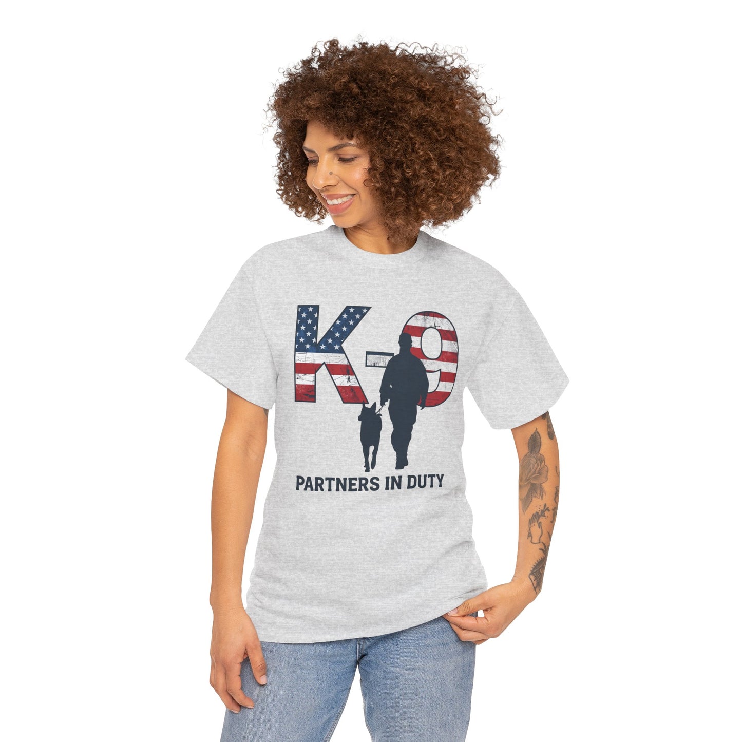 Patriotic K-9 T-Shirt - Partners in Duty Tee | Unisex Heavy Cotton Tee for Dog Lovers, Military Support, Gifts for Dog Handlers
