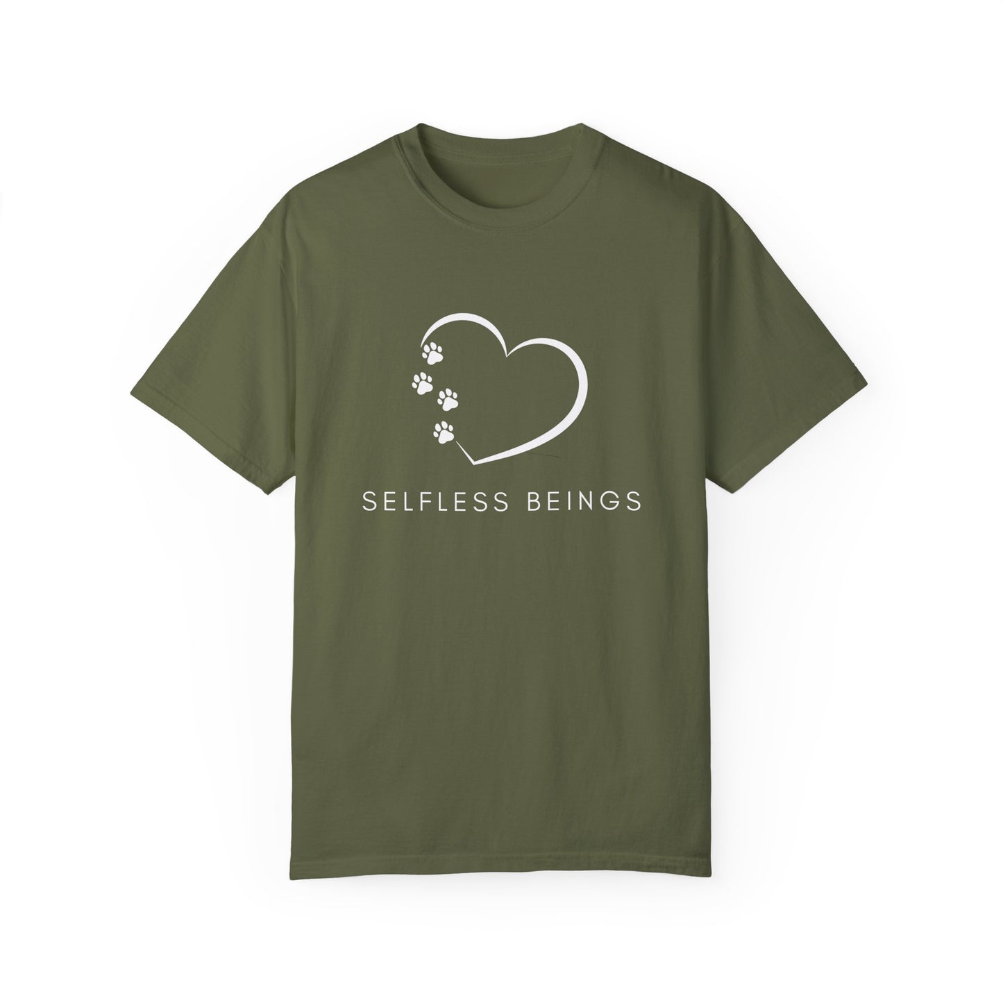 Unisex Dog Lover T-Shirt With White Tilted Heart Whose One Side is Made With Dog Paw Prints and Caption Selfless Beings