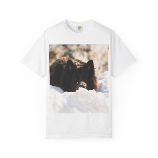 Unisex Dog Lover T-Shirt Featuring a Giant Black German Shepherd Resting on the Snow