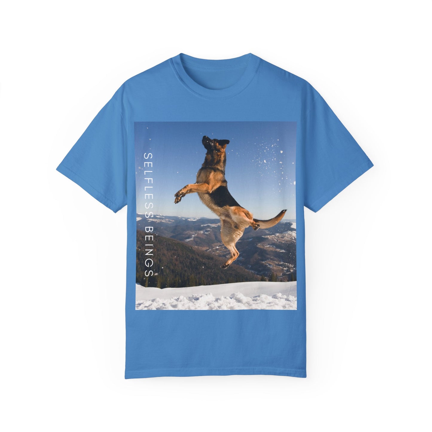 Unisex Dog Lover T-Shirt With a German Shepherd in the Air on Top of Snow Mountain and Caption Selfless Beings