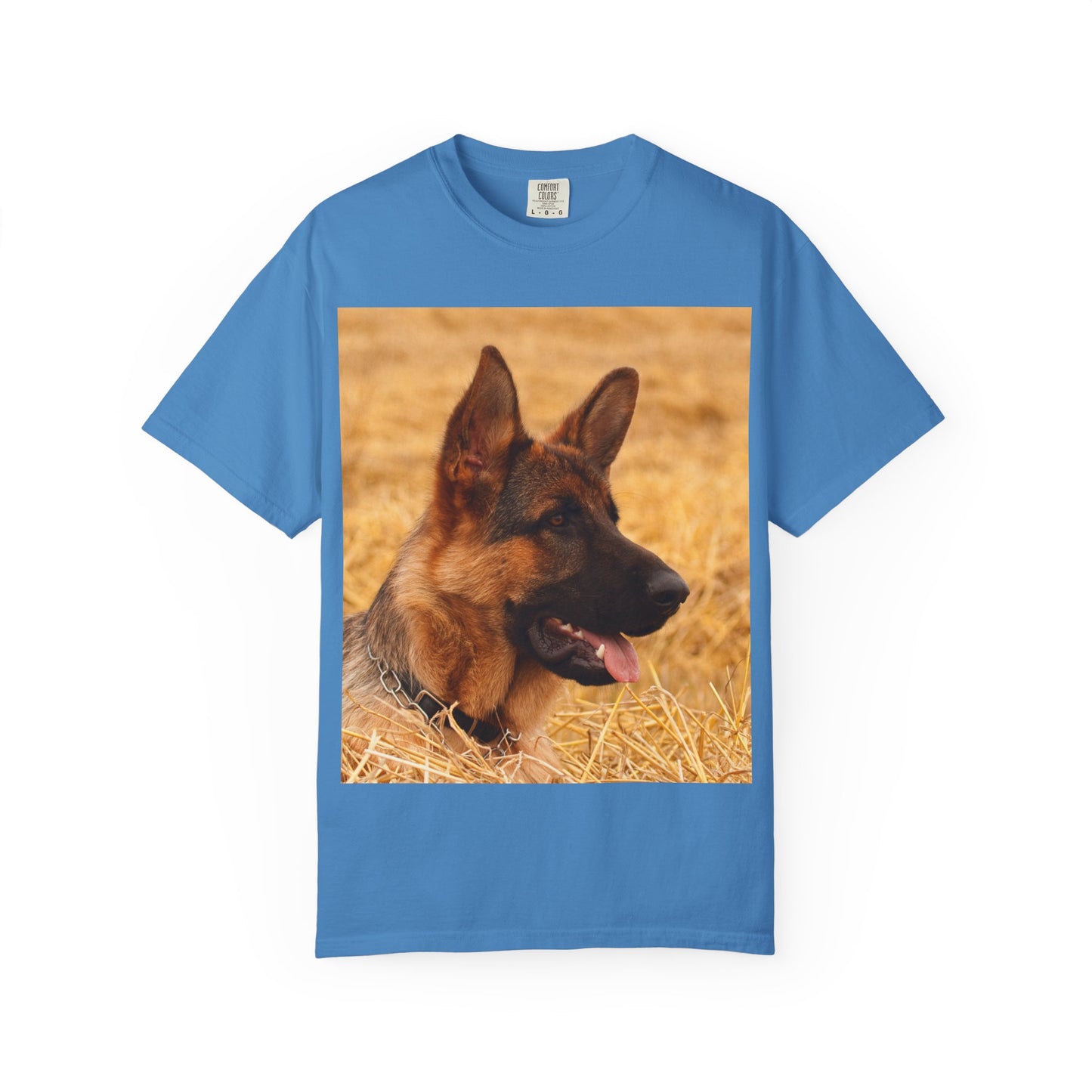 Unisex Dog Lovers T-Shirt Featuring German Shepherd Resting on the Dry Grass