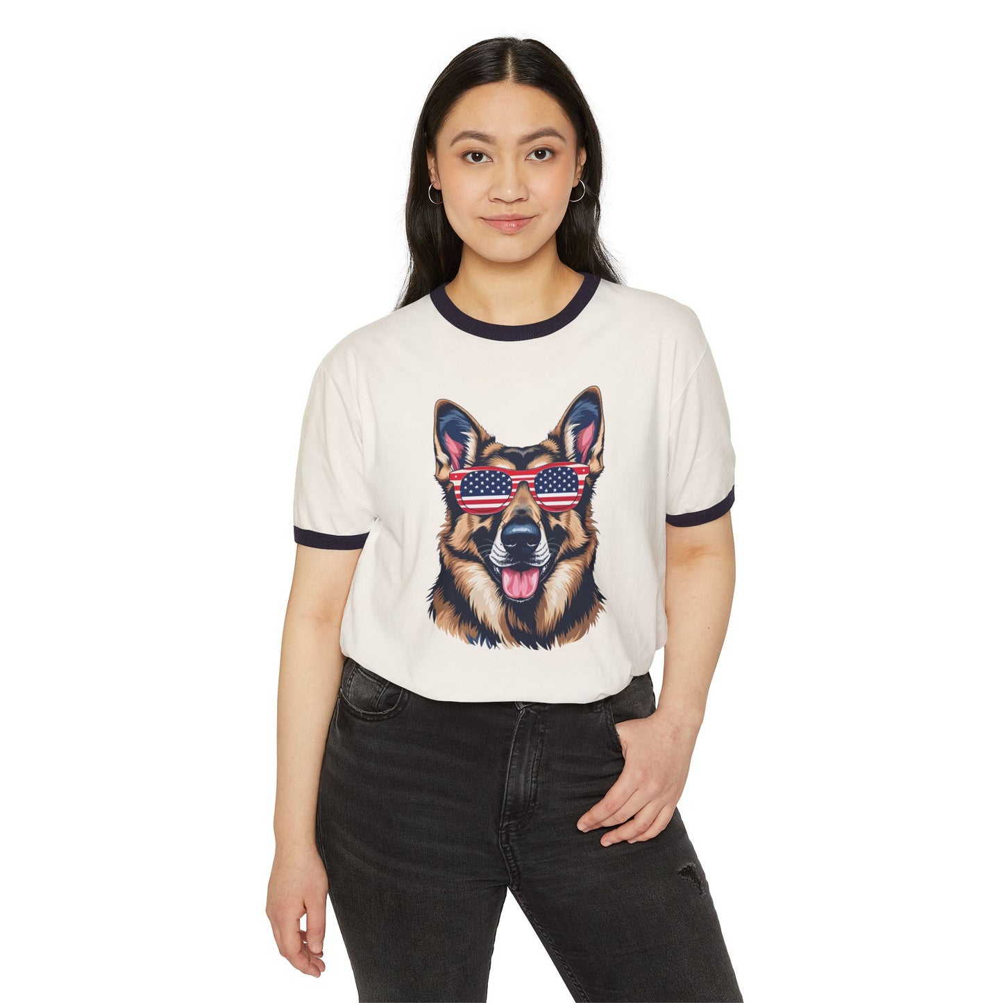 Patriotic Dog Lover German Shepherd Tee - Unisex Cotton Ringer T-Shirt with American Flag Sunglasses, Pet Owner Gift, 4th of July Apparel, Fun Summer
