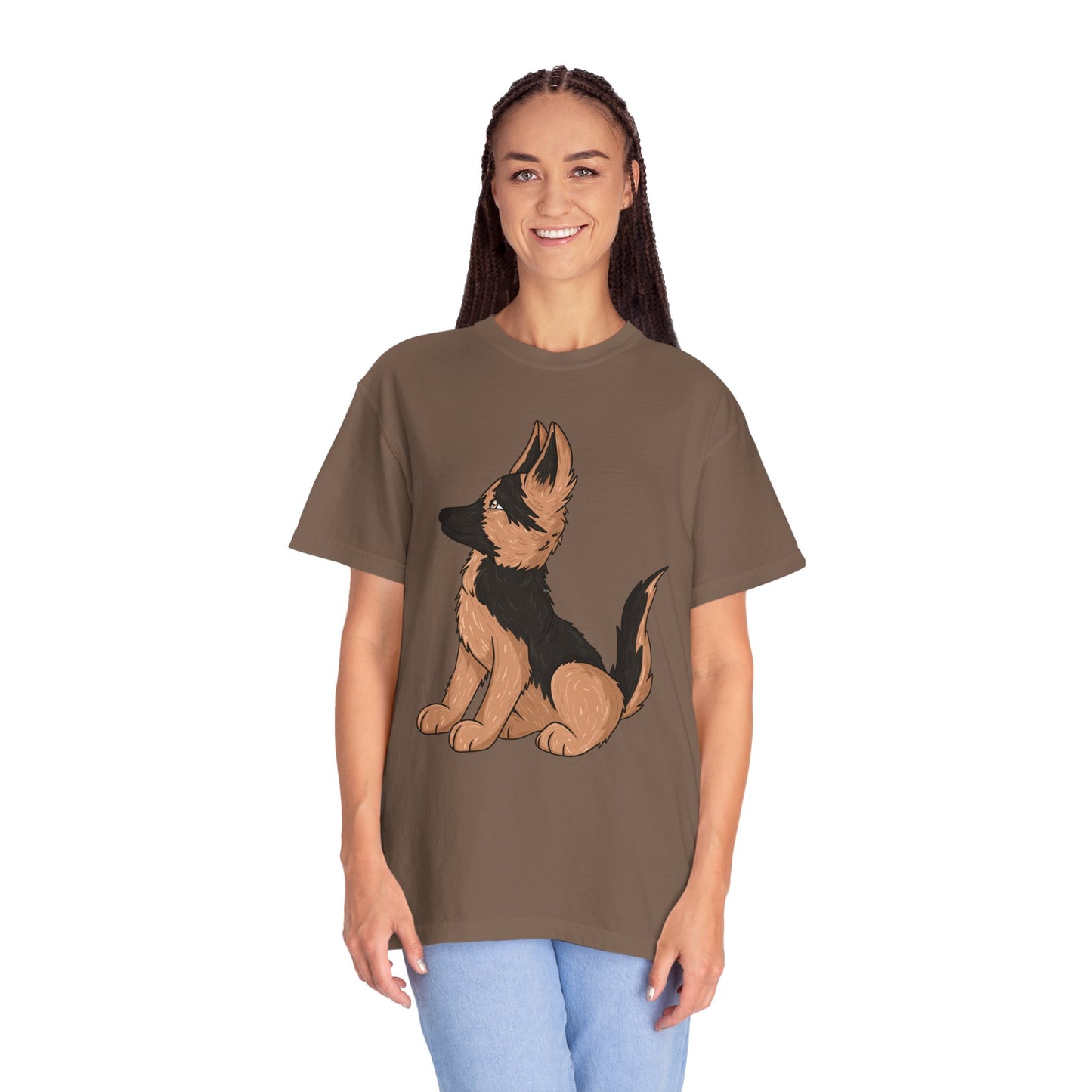 Unisex Dog Lover T-Shirt With a Graphic of Cute German Shepherd Puppy Looking Upward