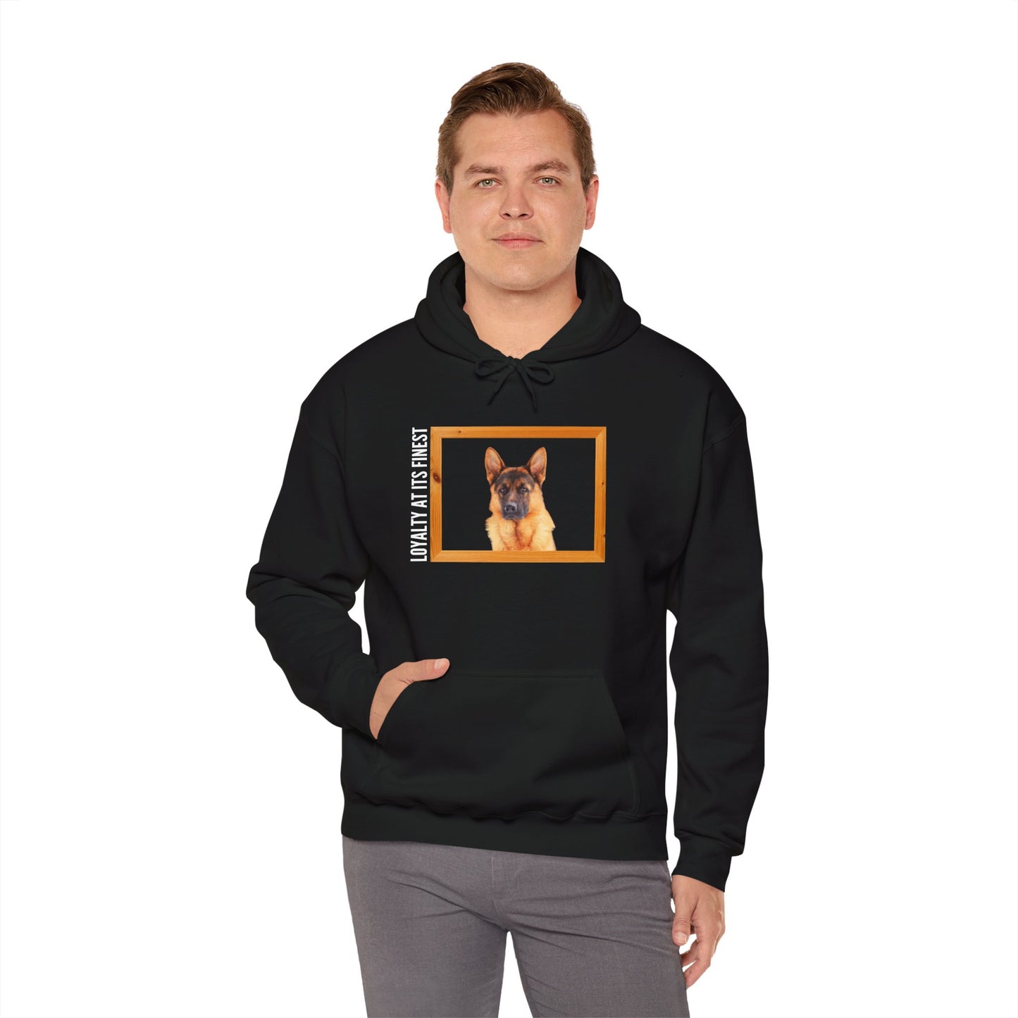 Unisex Dog Lover Hoodie With a German Shepherd's Head Inside a Wooden Frame and Caption Loyalty at its Finest