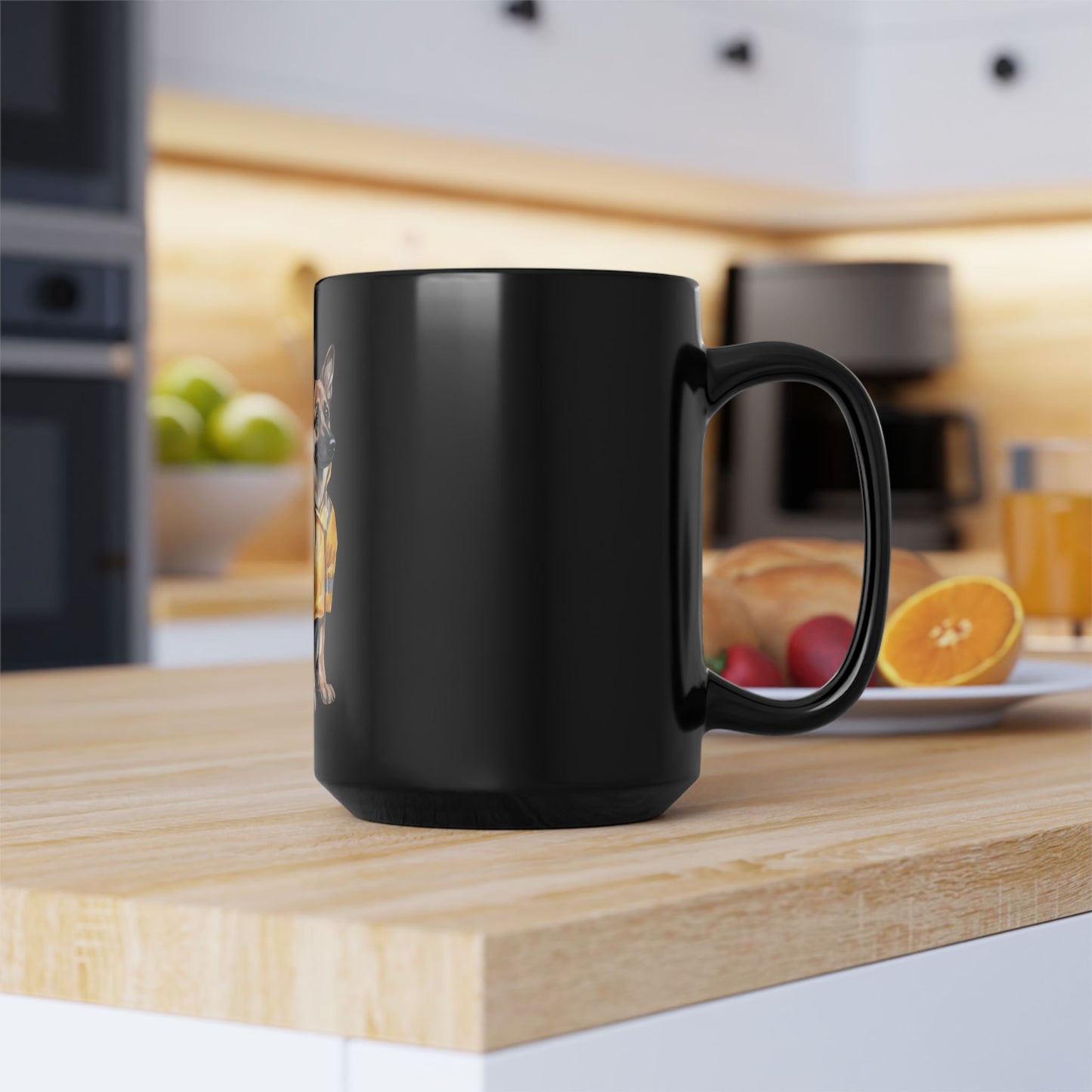 Black Coffee Mug 15oz With a Graphic of German Shepherd Wearing a Yellow Rain Coat