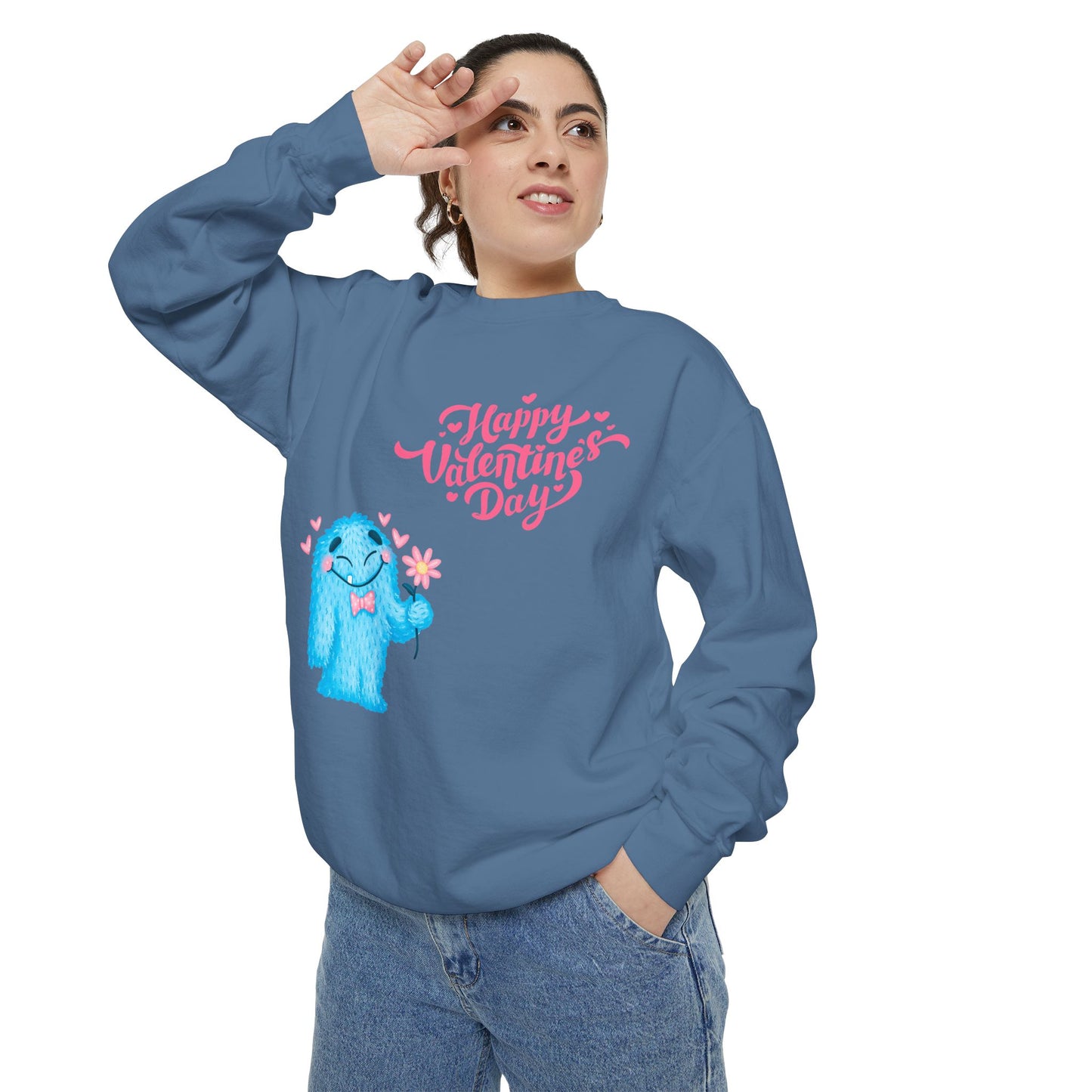Unisex Valentine's Day Sweatshirt With a Blue Yeti Monster Character Holding a Pink Flower and Caption Happy Valentine's Day