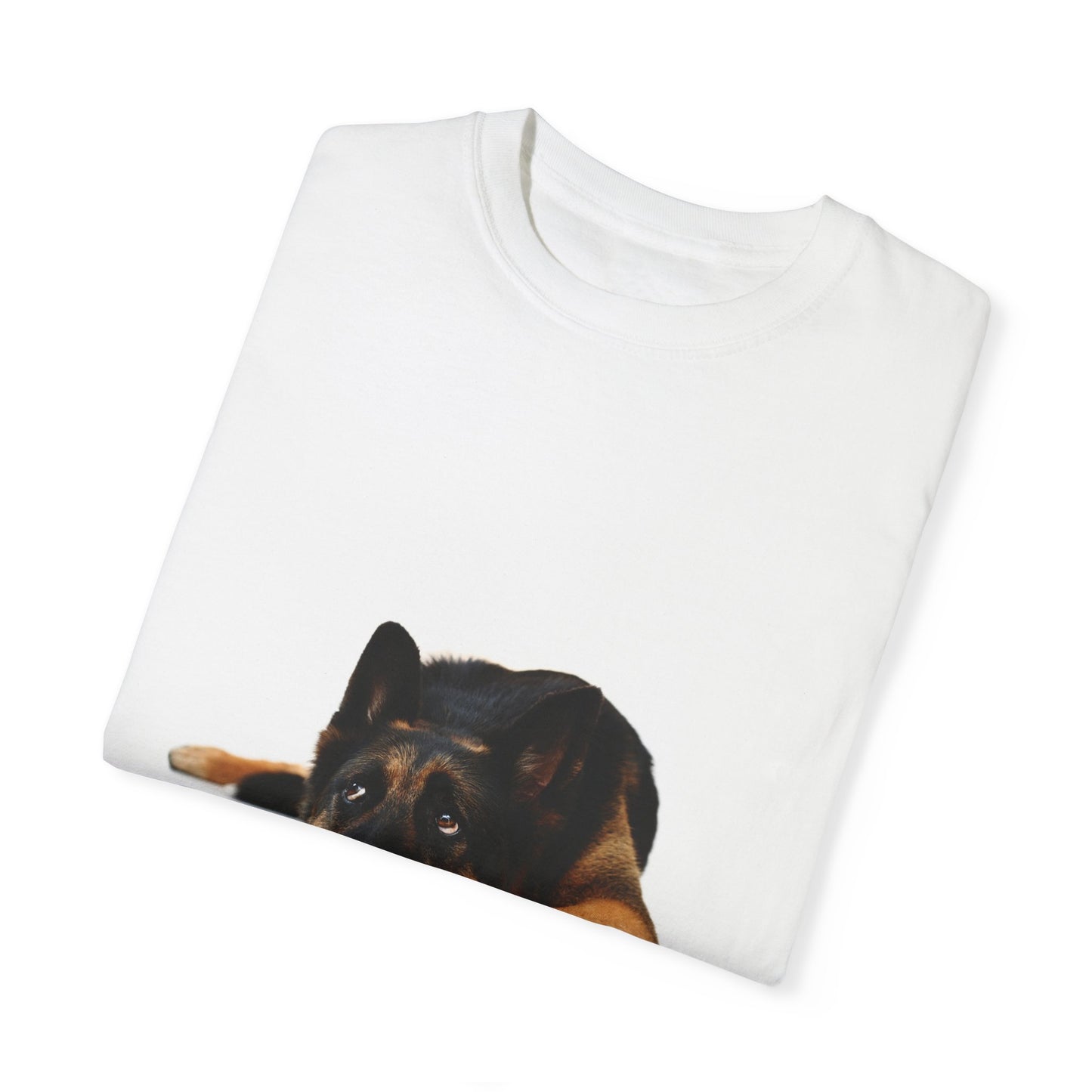 Unisex Dog Lover T-Shirt With a Bored German Shepherd Sitting in the Studio and Caption Selfless Beings