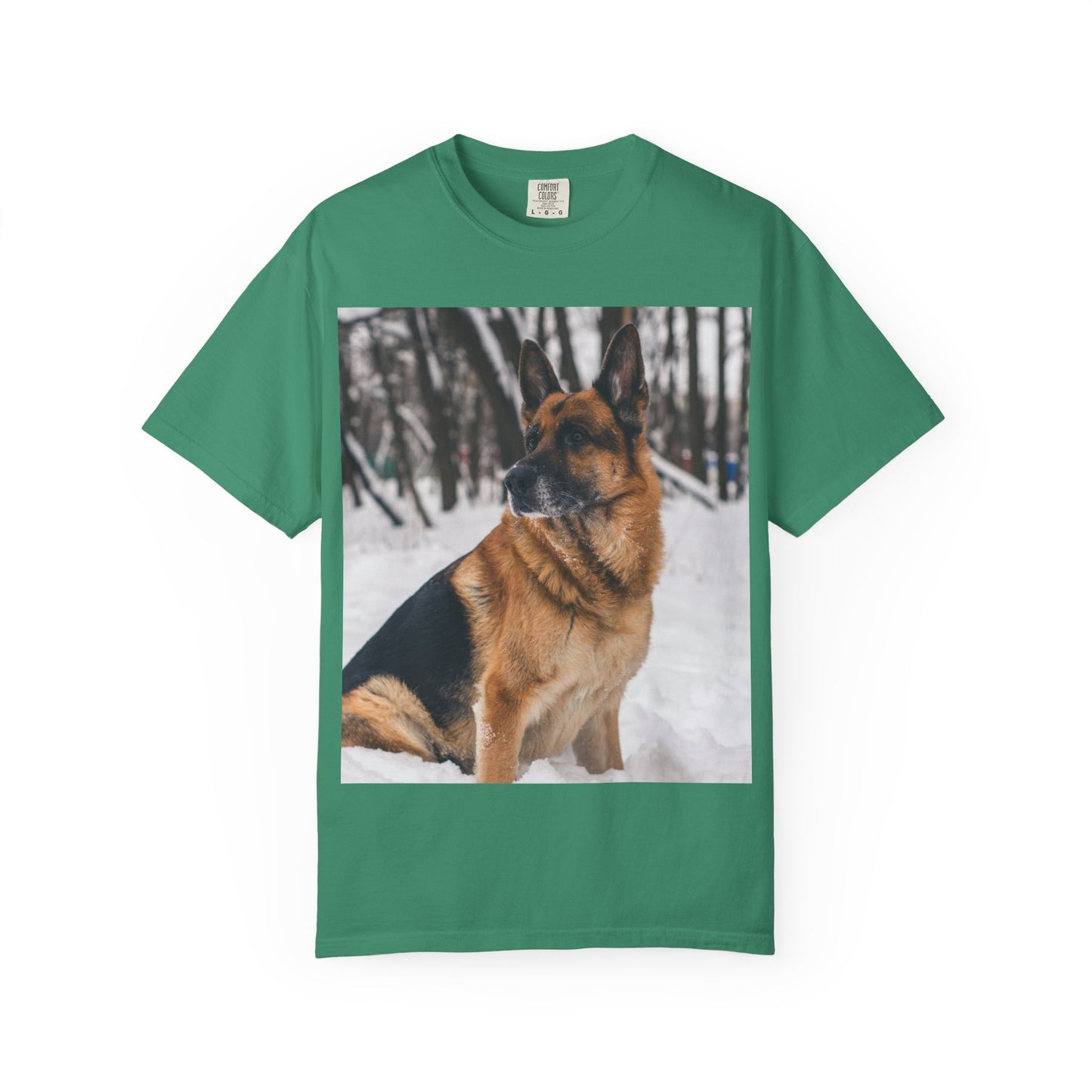 Unisex Dog Lovers T-Shirt Featuring a Beautiful German Shepherd Sloppily Sitting on the Snow