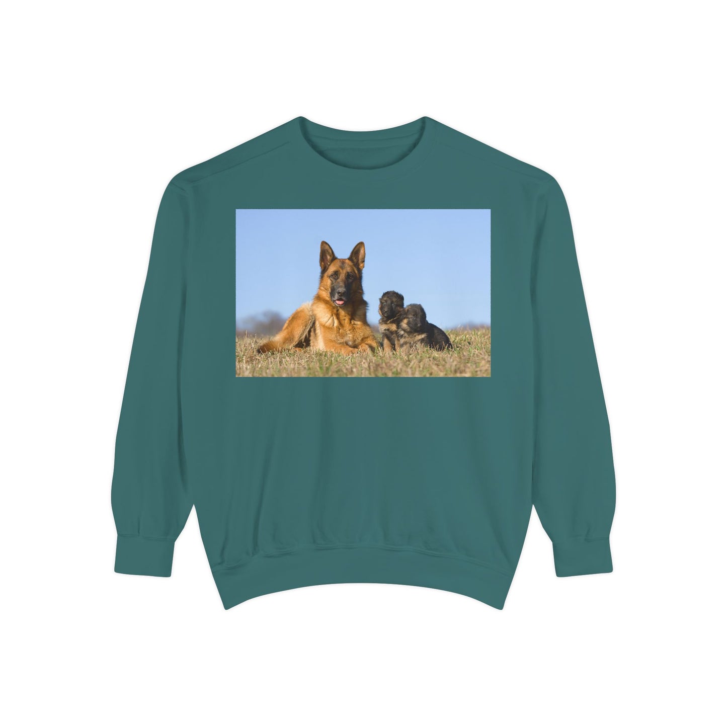 Unisex Dog Lover Sweatshirt With a German Shepherd Lying on the Grass With Two Puppies