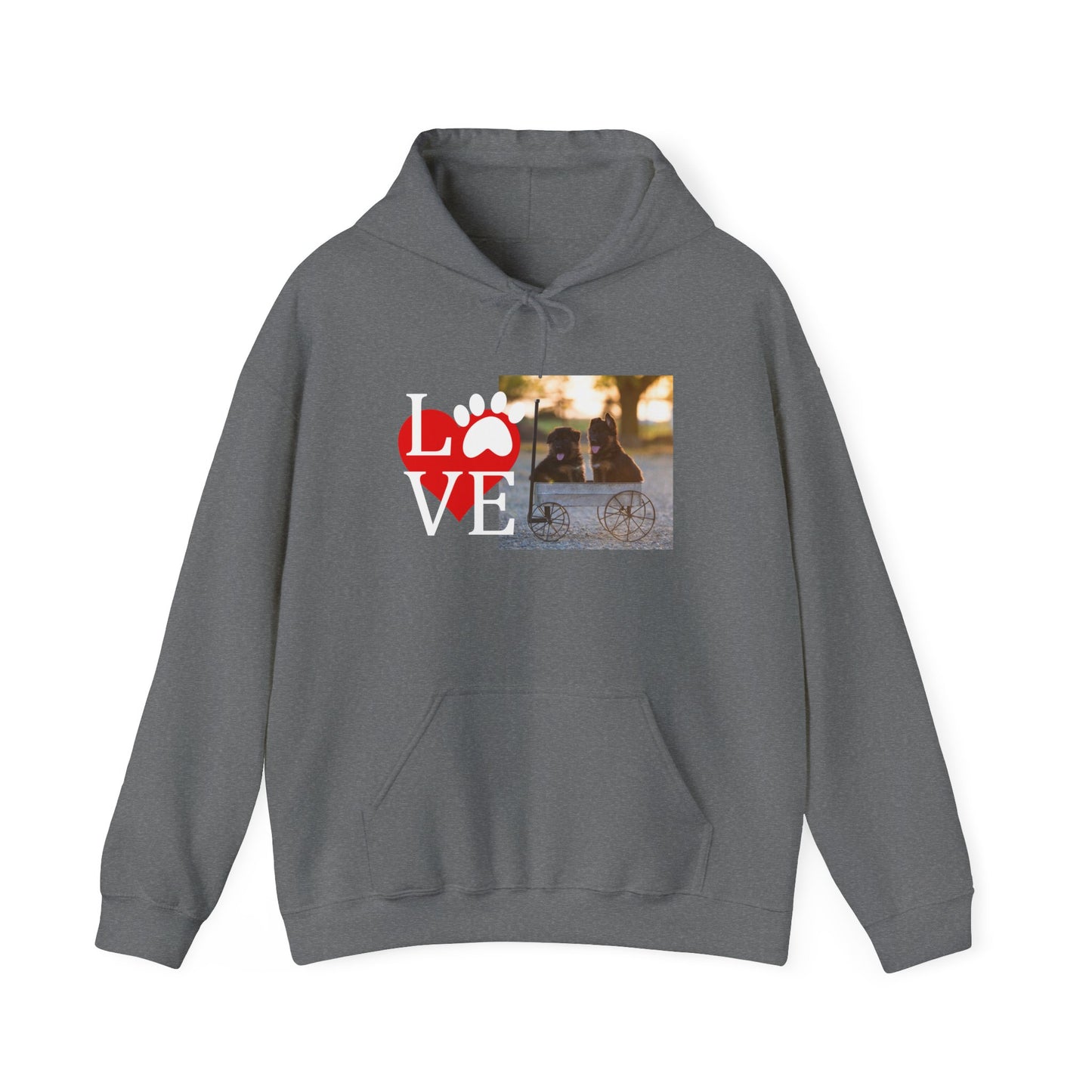 Unisex Dog Lover Hoodie With Two Cute German Shepherd Puppies Sitting on a Cart and Caption Love On Top of Red Heart