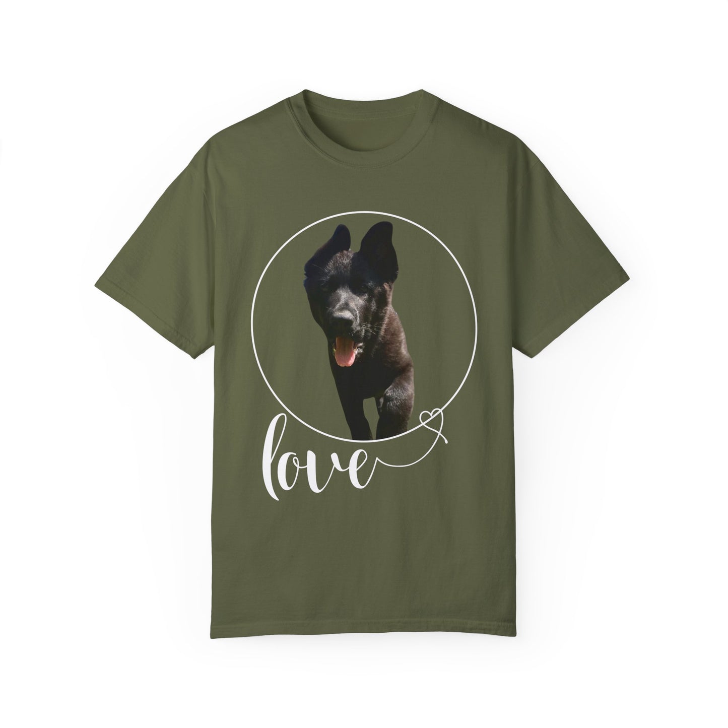Unisex Dog Lover T-Shirt With Solid Black German Shepherd Walking On a Grass and Text Love