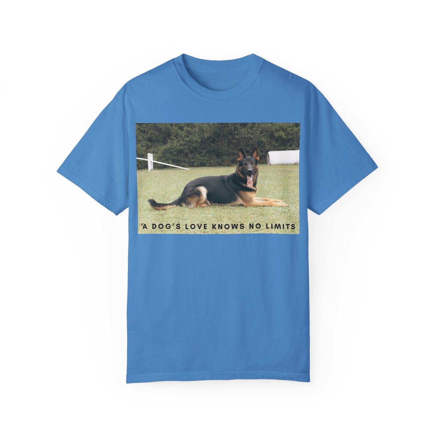 Unisex Dog Lover T-Shirt With a Giant German Shepherd Resting On the Grass Leaving Tongue Out and Text A Dog's Love Knows