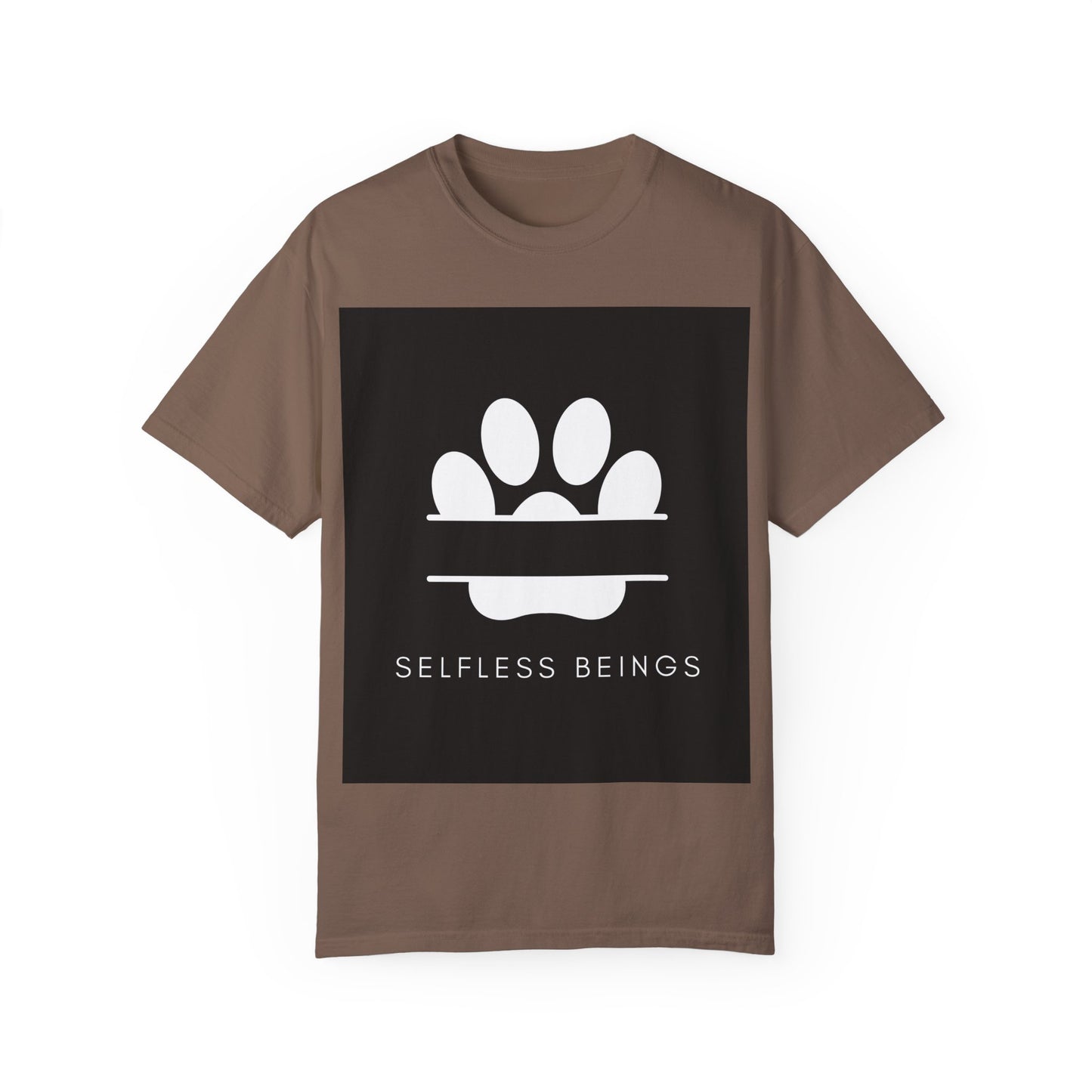Unisex Dog Lover T-Shirt With Design of Dog's White Paw Print Whose Metacarpal is Split and Caption Selfless Beings