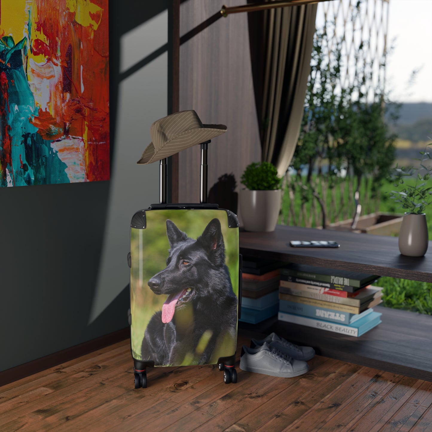 Dog Lovers Suitcase Featuring a Black German Shepherd Resting on Grass Looking Sideways