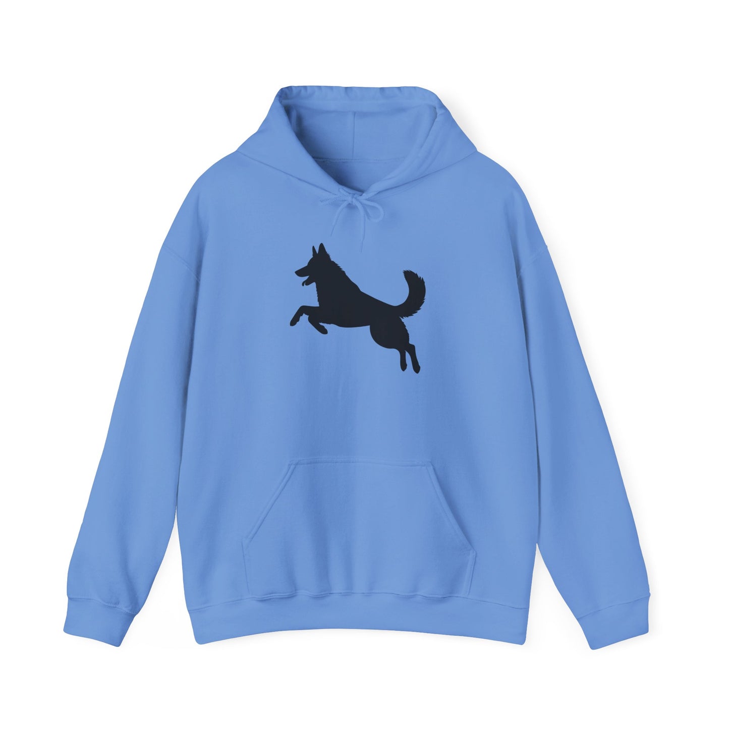 Unisex Dog Lover Hoodie With a Graphic of Solid Black German Shepherd Jumping in the Air