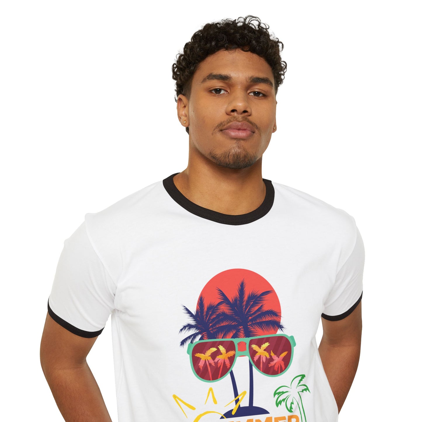 Summer Vibes Unisex Cotton Ringer T-Shirt, Fun Tropical Tee, Beachwear, Vacation Shirt, Gift for Him/Her, Summer Time Design