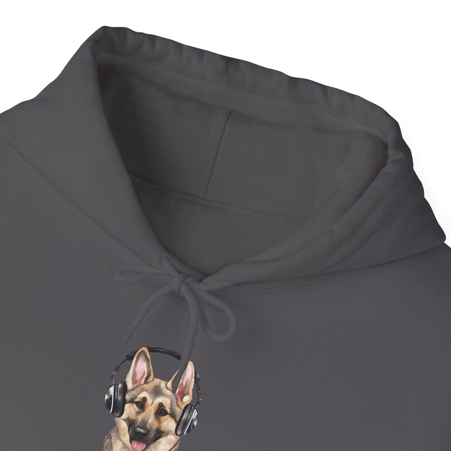 Unisex Dog Lover Hoodie With a German Shepherd Wearing Headphones Enjoying Music