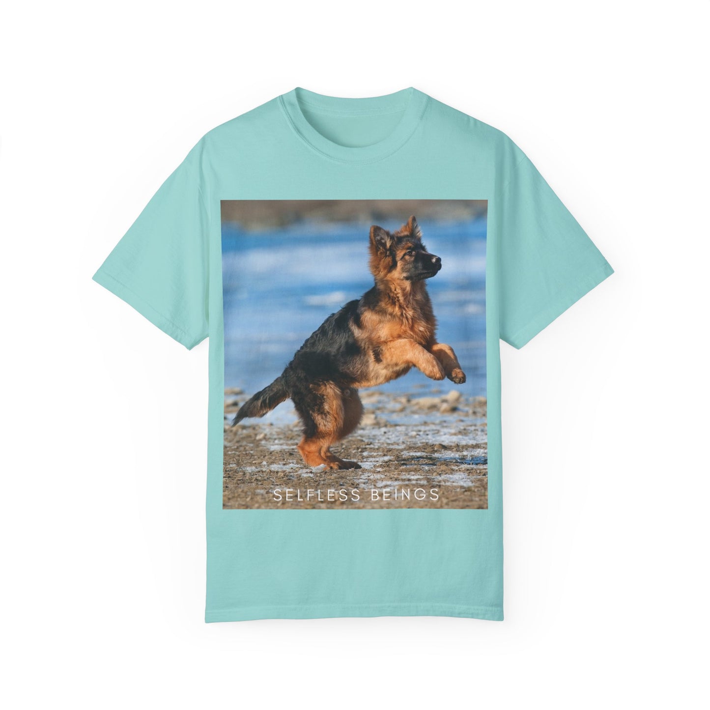 Unisex Dog Lover T-Shirt With Gorgeous German Shepherd Puppy Standing on Back Legs at Seashore and Caption Selfless Beings