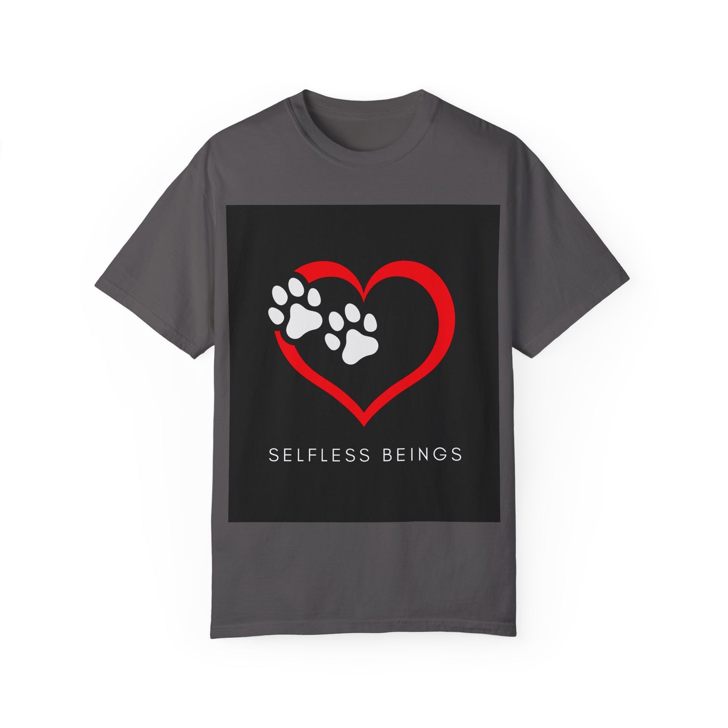 Unisex Dog Lover T-Shirt With Graphic of Red Heart That Contains Two White Dog Paw Prints and Caption Selfless Beings